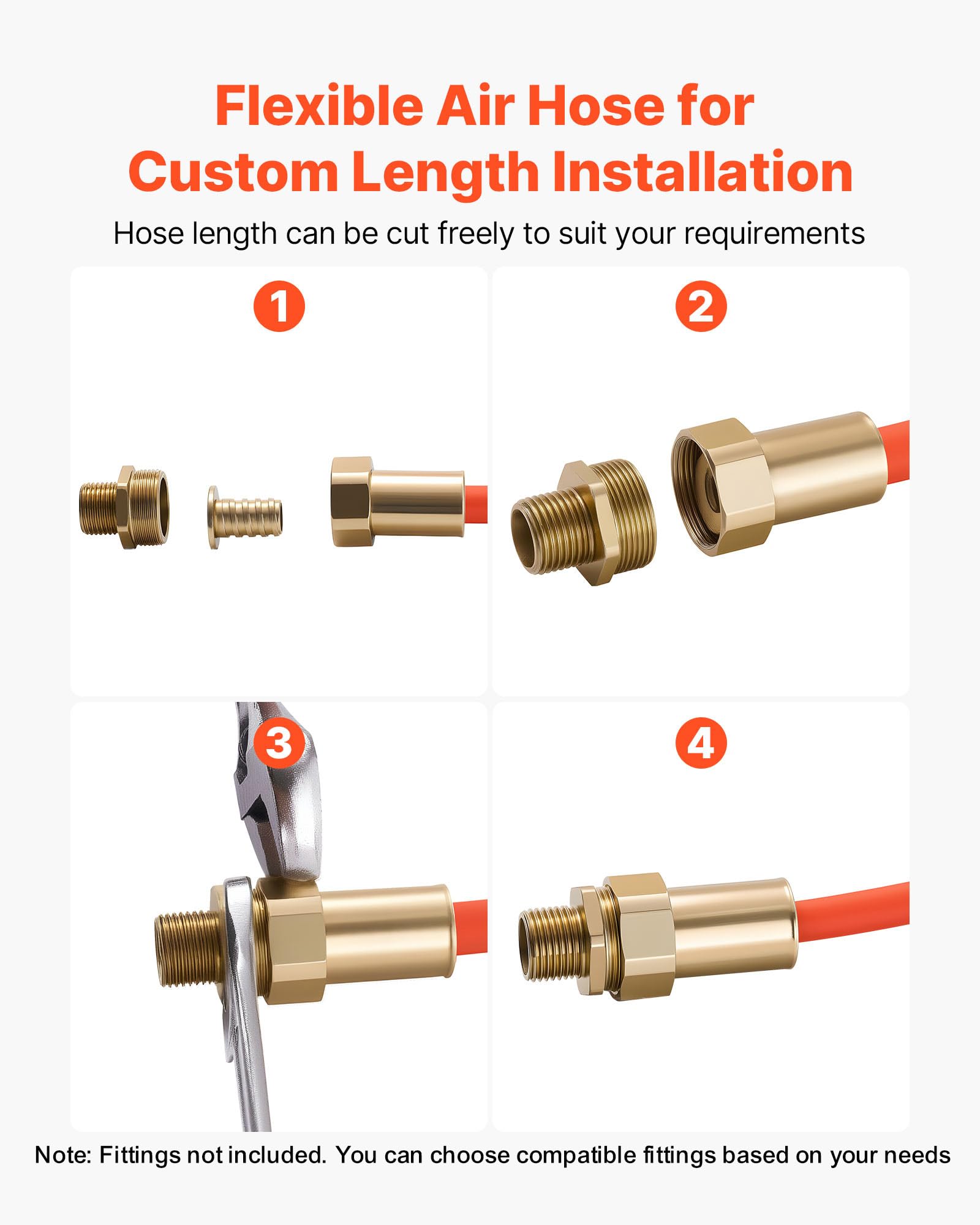 VEVOR Manguera de Aire Híbrida Flexible, 9,53 mm de Diámetro y 7620 cm de Longitud, Tubo Neumático de 20,68 bar con Material Híbrido de Tres Capas para Automóviles, Hogar y Construcción, Naranja