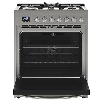 KoolMore 30 Inch Professional Gas Range Stove with 5 Burner Cooktop, Rapid Convection Oven, and Digital Timer with Heavy-Duty Cast Iron Grates, Stainless-Steel Appliance (KM-FR30G-SS),Silver