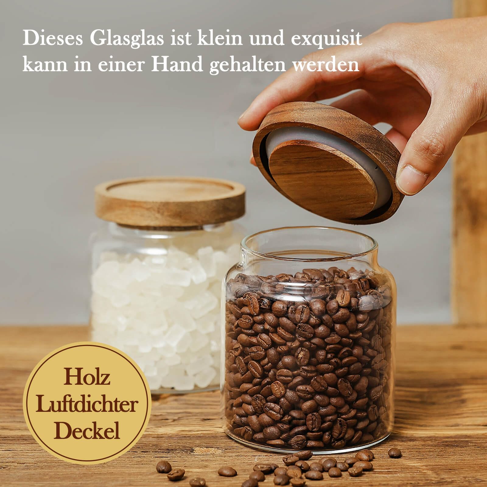 Labina Tarros de vidrio con tapa de madera, 3 unidades de 600 ml, envases de vidrio de boca ancha herméticos para azúcar, galletas, espaguetis, frutos secos y dulces