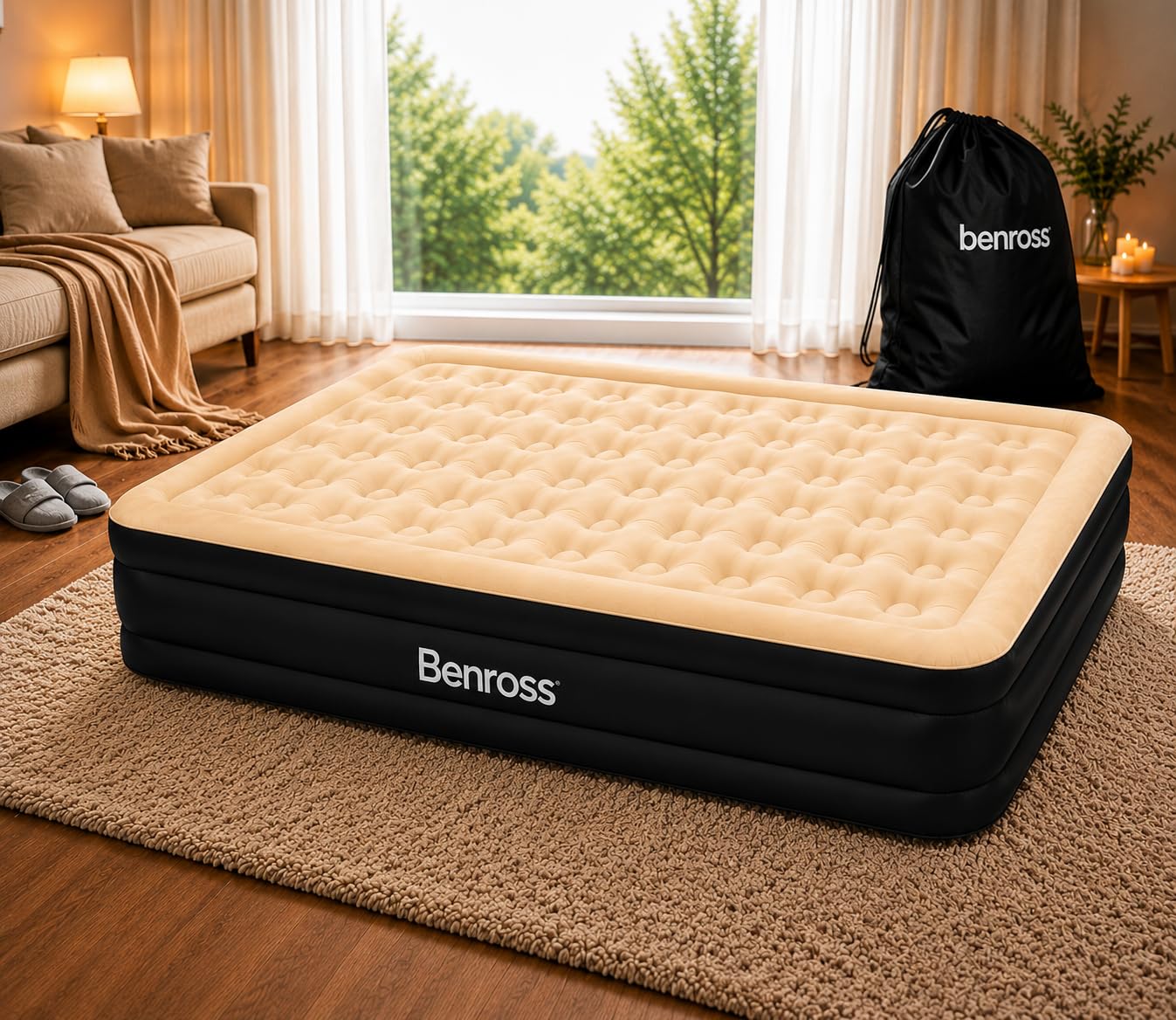 Benross Avenli 88030 Podwyższony materac dmuchany | Zintegrowana pompa | Szybkie i łatwe pompowanie | Winyl beżowy/czarny | Królowa (203 x 157 cm), Poliester