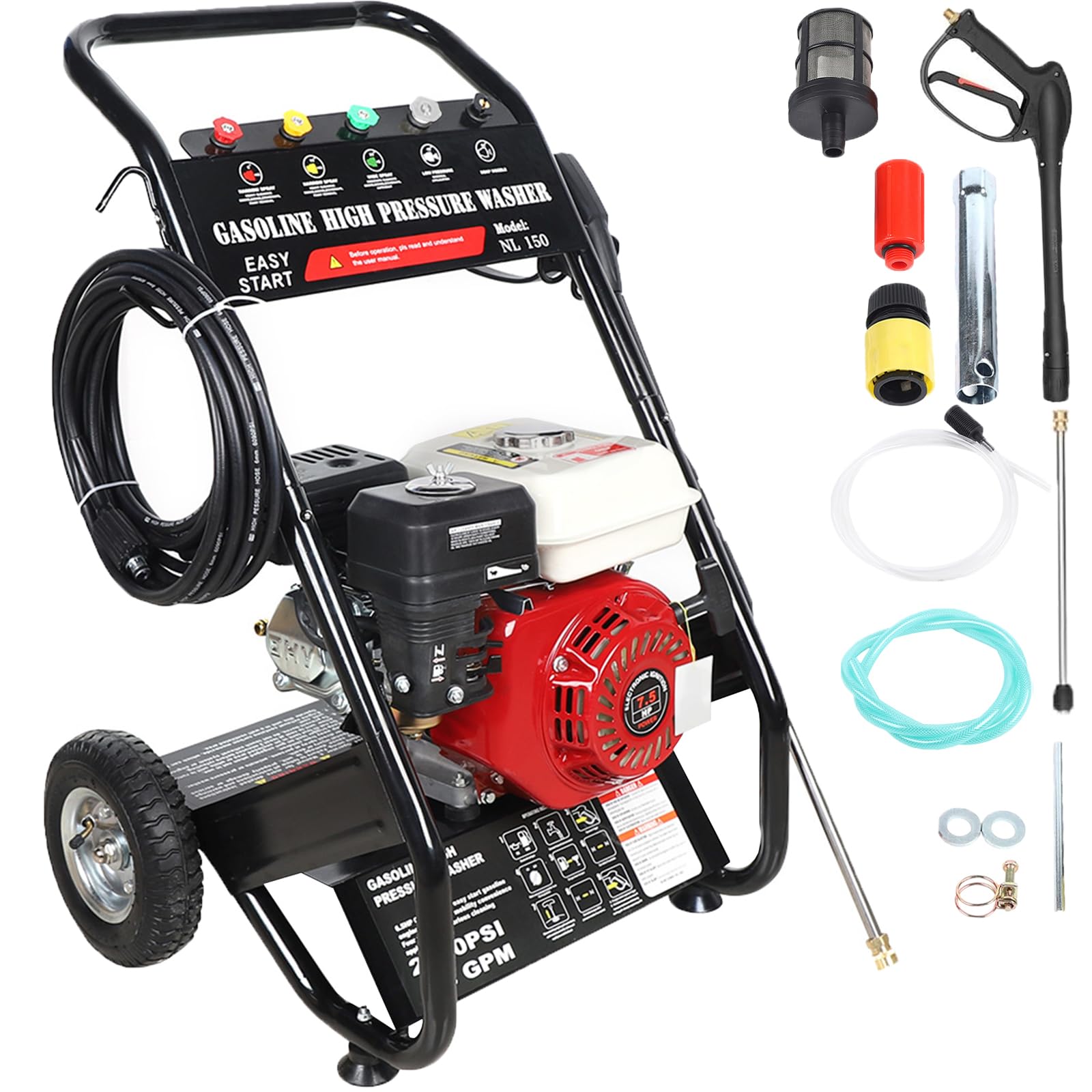 Professional High Pressure Cleaner 4-Stroke Petrol 7.5 HP with 5 Nozzles and Hose 170-190 Bar Petrol Engine Surface Cleaner Self-Priming Machine
