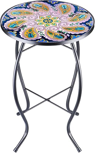 Miniatura 8 de VCUTEKA Mesa auxiliar para exteriores, mesa auxiliar de mosaico, mesa auxiliar para patio, mesa auxiliar pequeña con parte superior de cristal, mesa