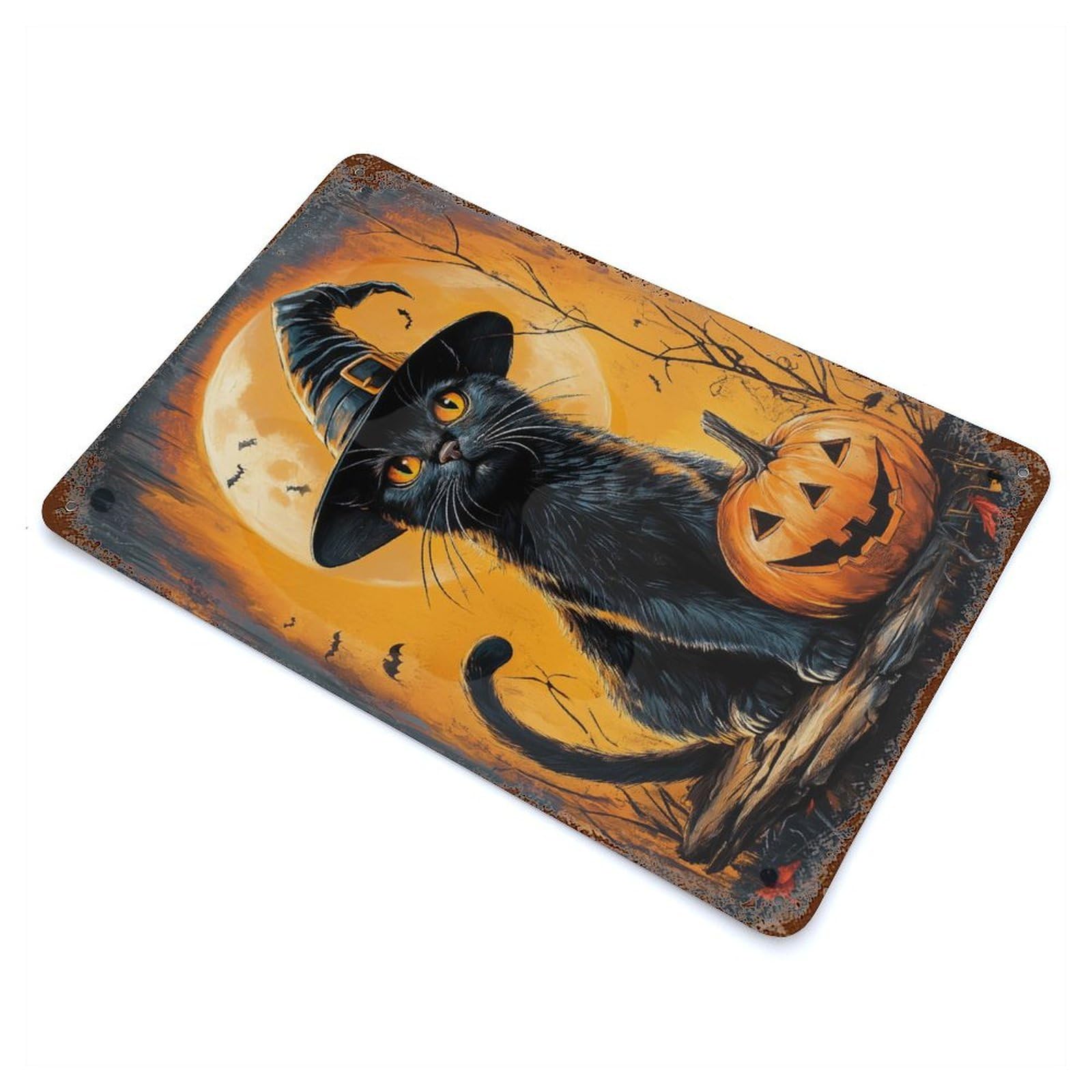 Halloween Black Cat Aged Metal Wall Plaque 11.8"x7.9", Decorative Metal Wall Art for Garage, Pub Or Kitchen