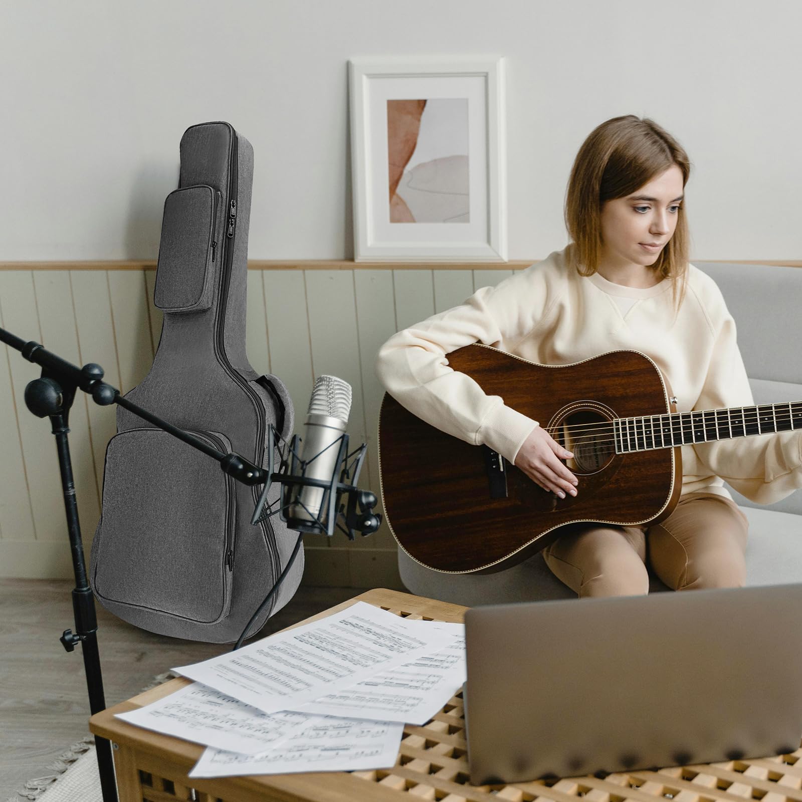 Housses pour Guitare Acoustique avec Rembourrage épais de 10,6 mm, Tissu Oxford imperméable, Gris, pour Guitare Acoustique de 40 à 41 Pouces avec Sangle de Cou, étui Souple pour Guitare