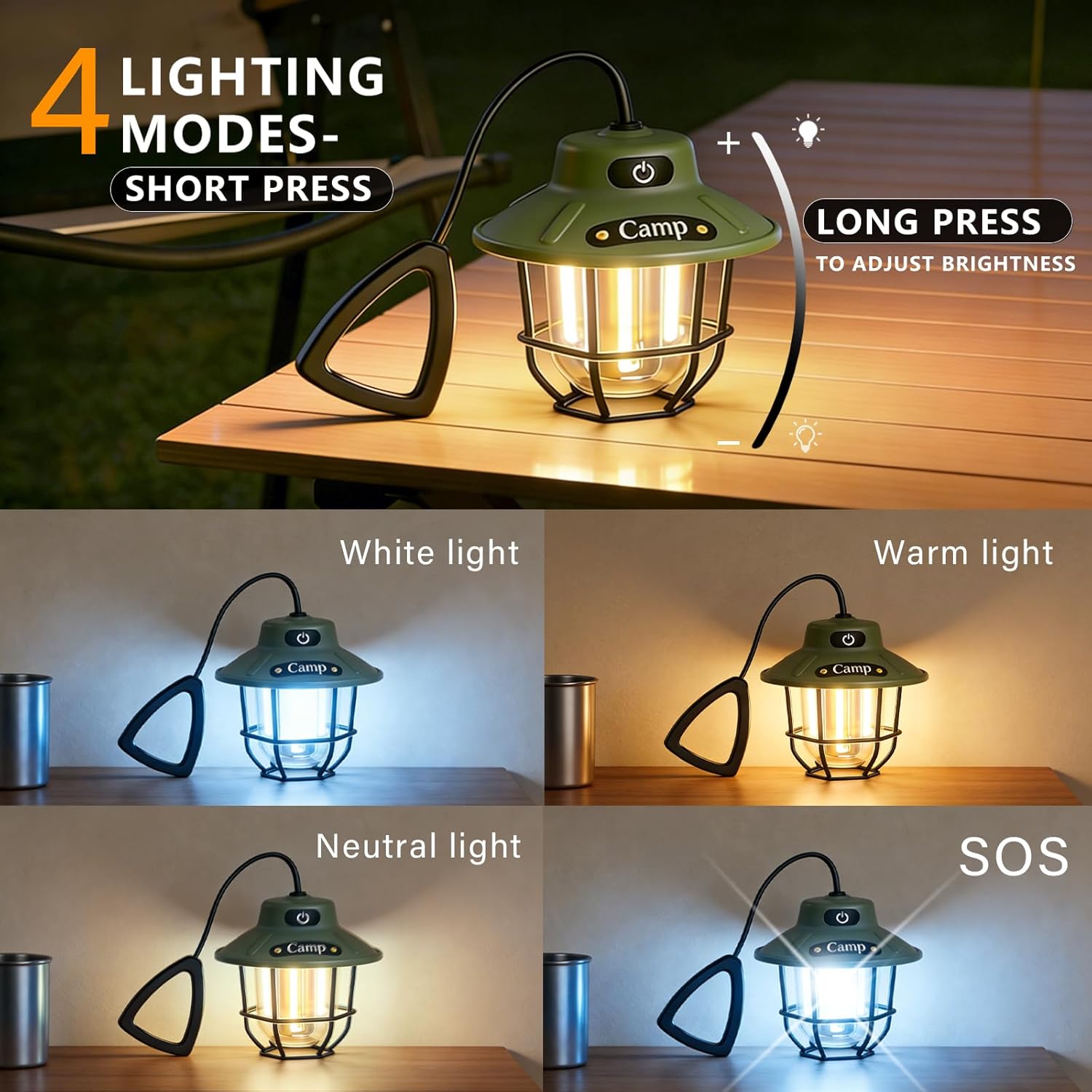 1200 Lumens Camping Lantern, Rechargeable LED Tent Light with 4 Light Modes, USB Portable Outdoor Flashlight for Camping, Hiking, Emergencies, Power Outages, SOS（Black）