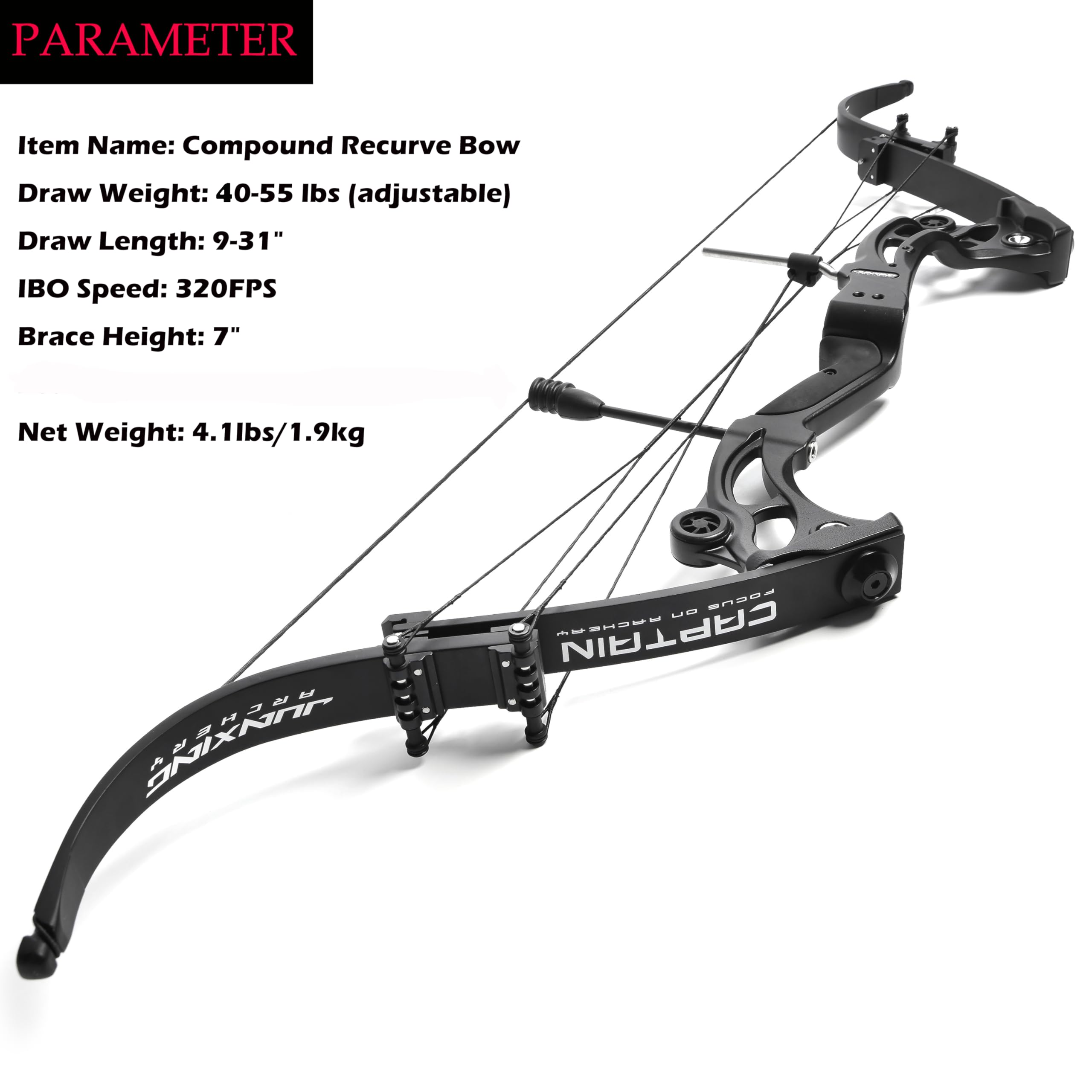 ZSHJGJR Arc de chasse américain recourbé 320 fps Poids de tirage 13,6 à 25 kg Arc composé réglable main droite pour tir à l'arc, chasse, pêche, tir (ensemble d'arc noir