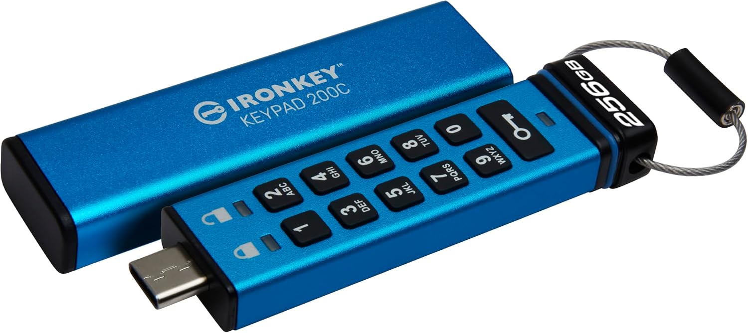 Kingston Ironkey Keypad 200 USB-C 256GB Encrypted Flash Drive | OS Independent | FIPS 140-3 Level 3 | XTS-AES 256-bit | BadUSB and Brute Force Protection | Multi-Pin Option | IKKP200C/256GB