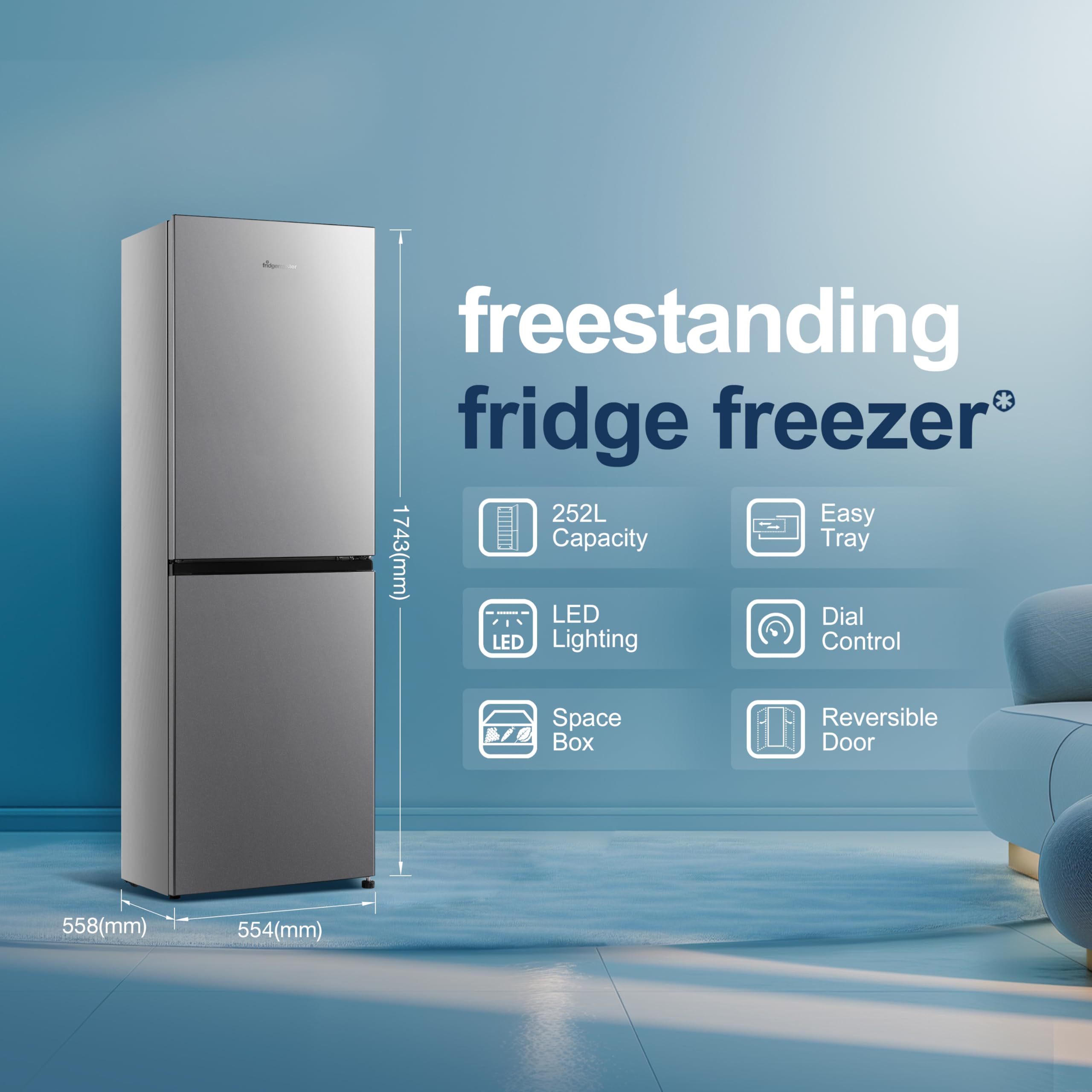 Fridgemaster MC55240ES 55cm Freestanding 252L 50/50 Fridge Freezer - LED Lighting, Silver - E Rated, H174.3 x W55.4 x D55.8 (cm) — view 2