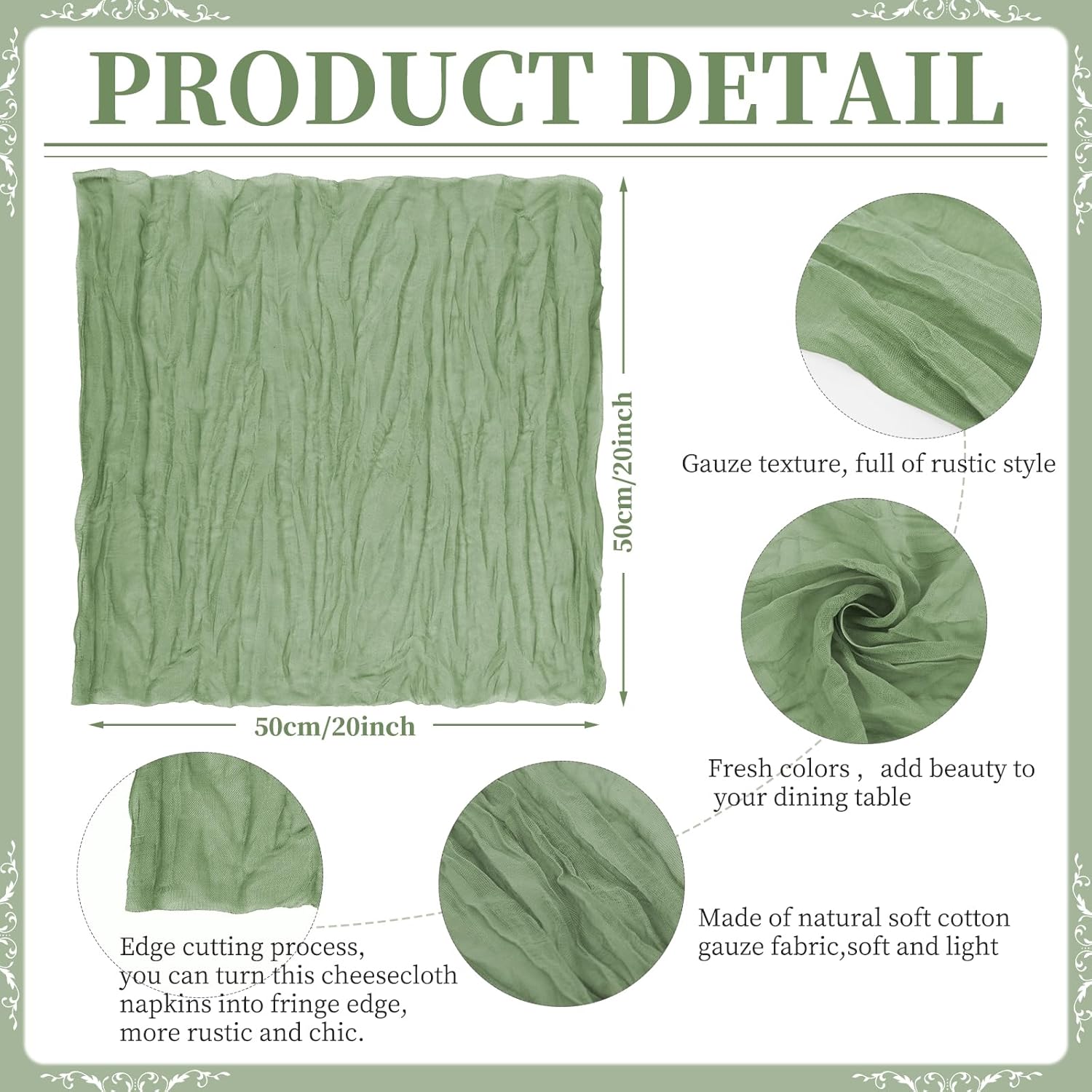 100 Packs Sage Green Gauze Cheesecloth Napkins,20 x 20 Inch Rustic Boho Cloth Napkins,Washable Cloth Dinner Napkins,Decorative Table Napkin for Wedding,Dinner,Parties