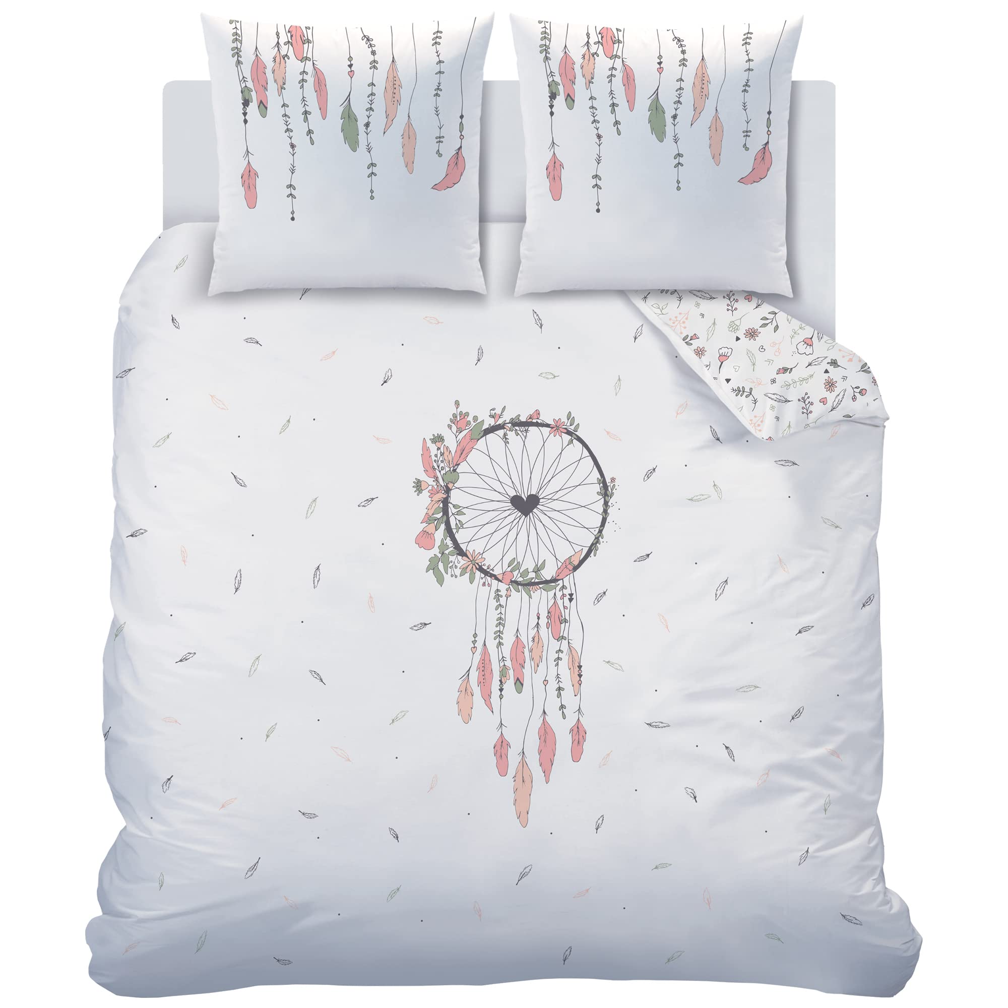 MATT & ROSE Parure de Lit 220x240 cm Attrape Coeur Imprimées Réversibles | 100% Coton | Oeko-TEX | Housse de Couette 220x240 cm + 2 Taies d'oreiller 65x65 cm | Blanc