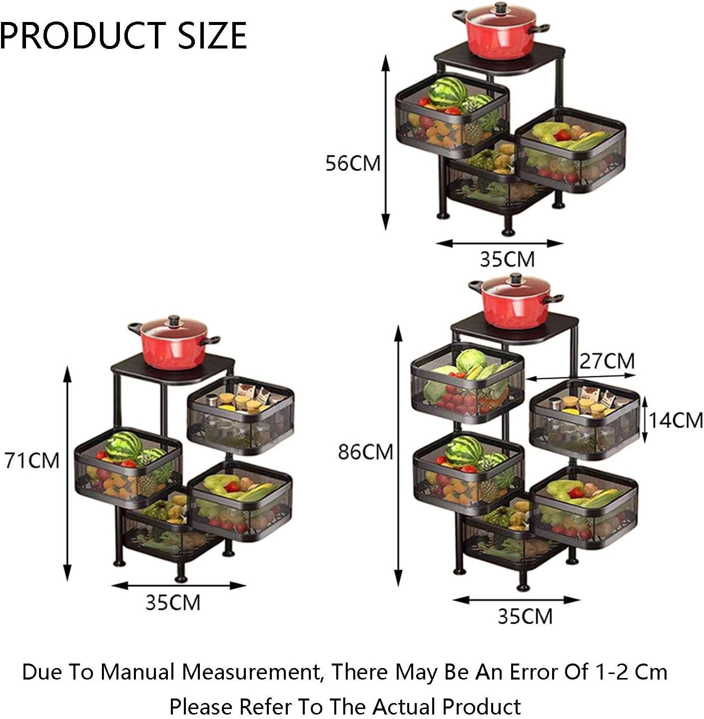 Rotating Fruit and Vegetable Shelf,Storage Rotating Basket,Bathroom Shelf with Foot Mats,Space-Saving,for Kitchen Bathroom Bedroom(Black,4 Tiers)
