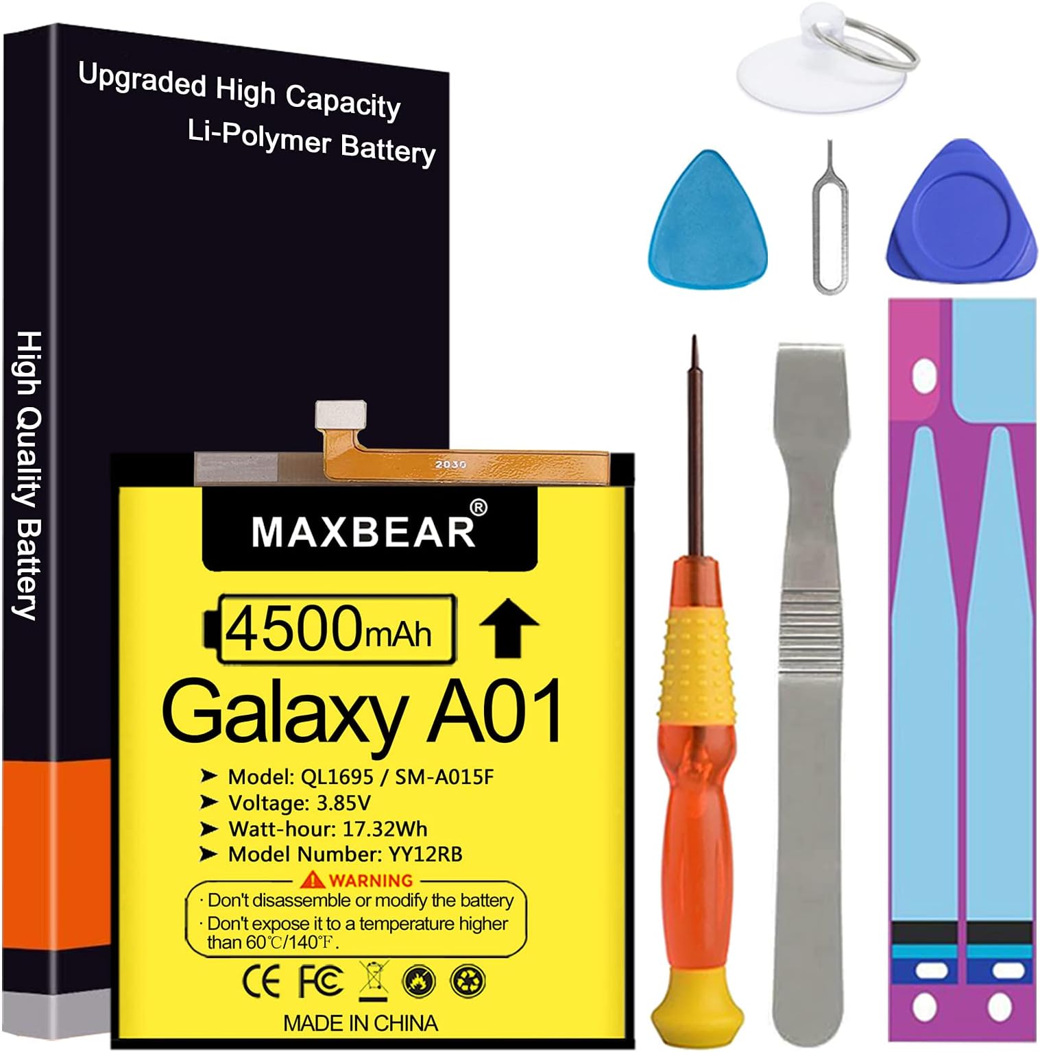 MAXBEAR Galaxy A01 Battery, (Upgraded) 4500mAh 3.85V Li-Polymer Replacement Battery QL1695 for Samsung Galaxy A01 SM-A015F with Repair Tool Kit