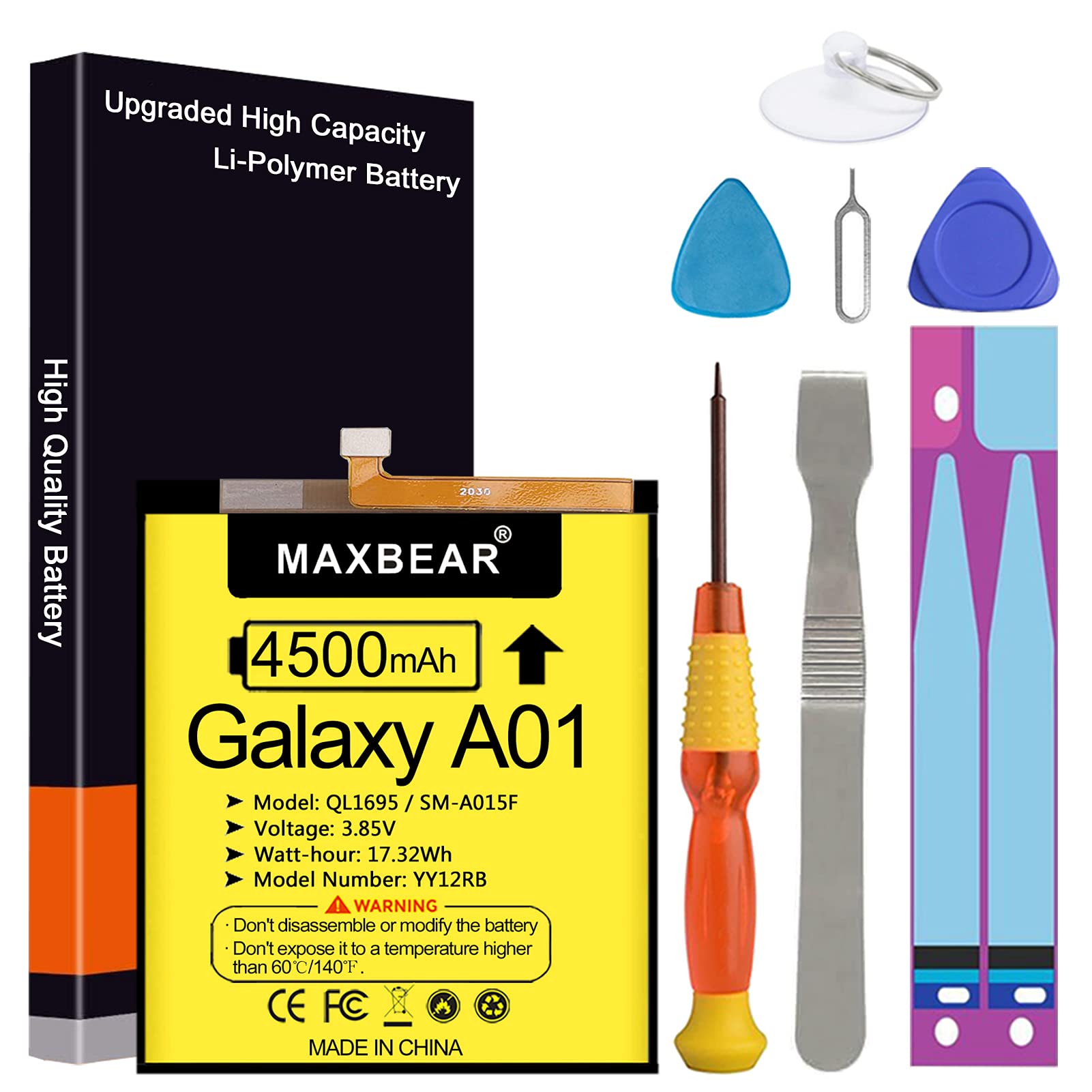 MAXBEAR Galaxy A01 Battery, (Upgraded) 4500mAh 3.85V Li-Polymer Replacement Battery QL1695 for Samsung Galaxy A01 SM-A015F with Repair Tool Kit