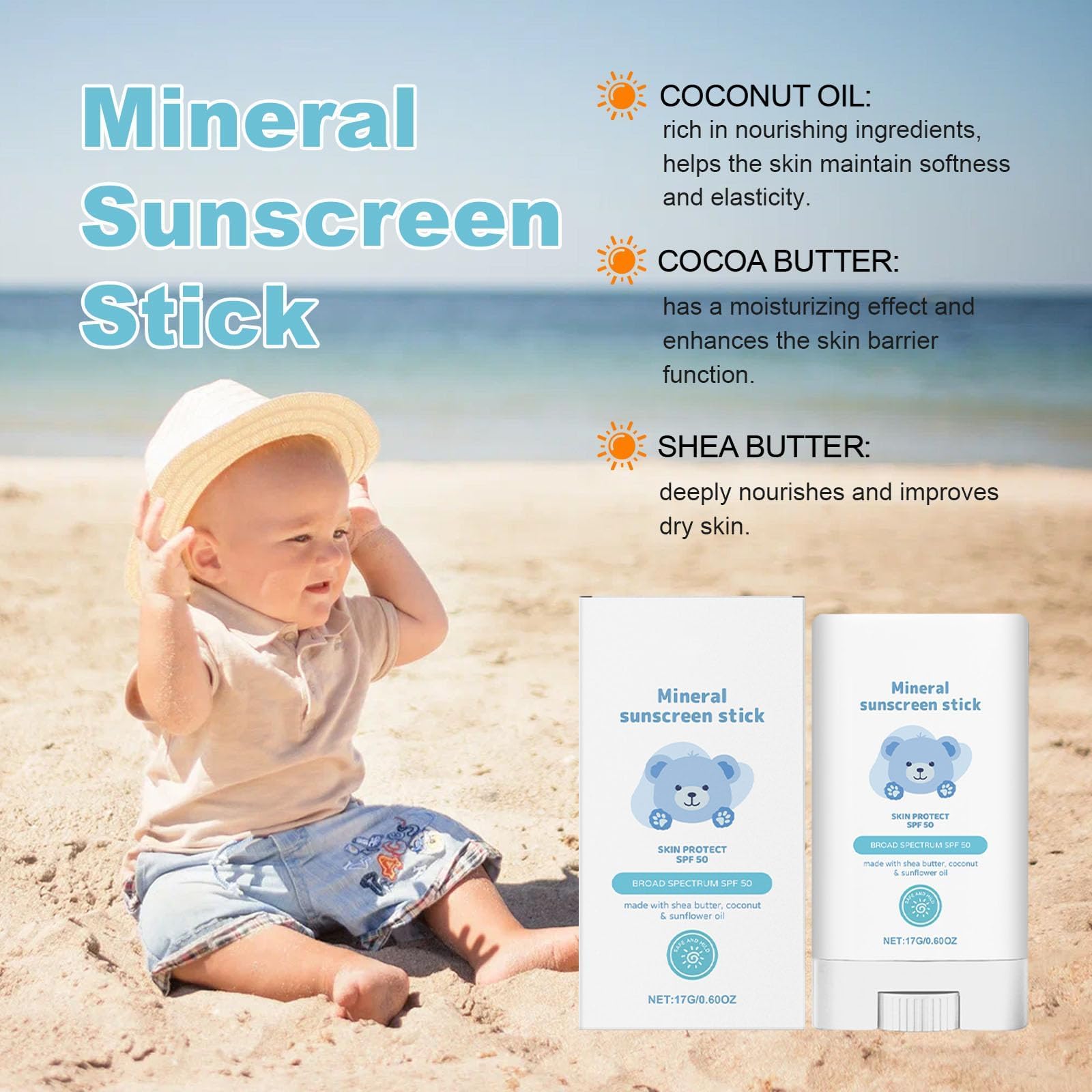 Kids & Baby Mineral Sun Stick - SPF50 Waterproof Sunscreen, UVA/UVB Protection, Non-Greasy & Moisturizing, Travel Size for Holiday - Image 3
