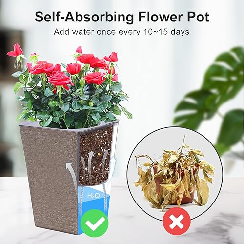 Miniatura 4 de Oliz 2 macetas de riego automático de 6 pulgadas, macetas de plástico con maceta interior, plantas de interior, patrón de ladrillo, maceta para