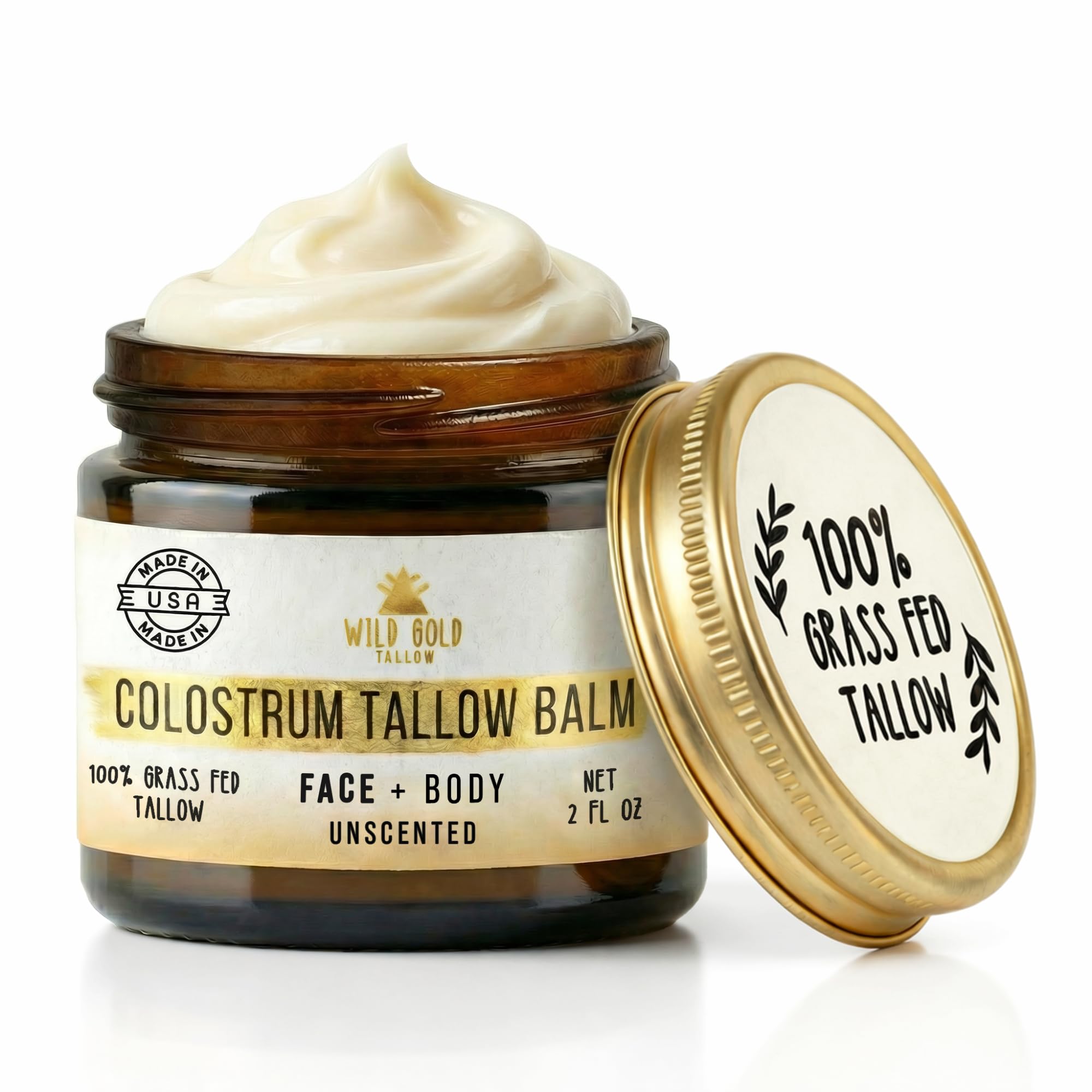 100% Grass Fed Tallow Balm with Colostrum & Emu Oil - Handmade Whipped Beef Tallow for Face and Body, Sensitive Skin Tallow Moisturizer made with True First Colostrum, (Unscented)