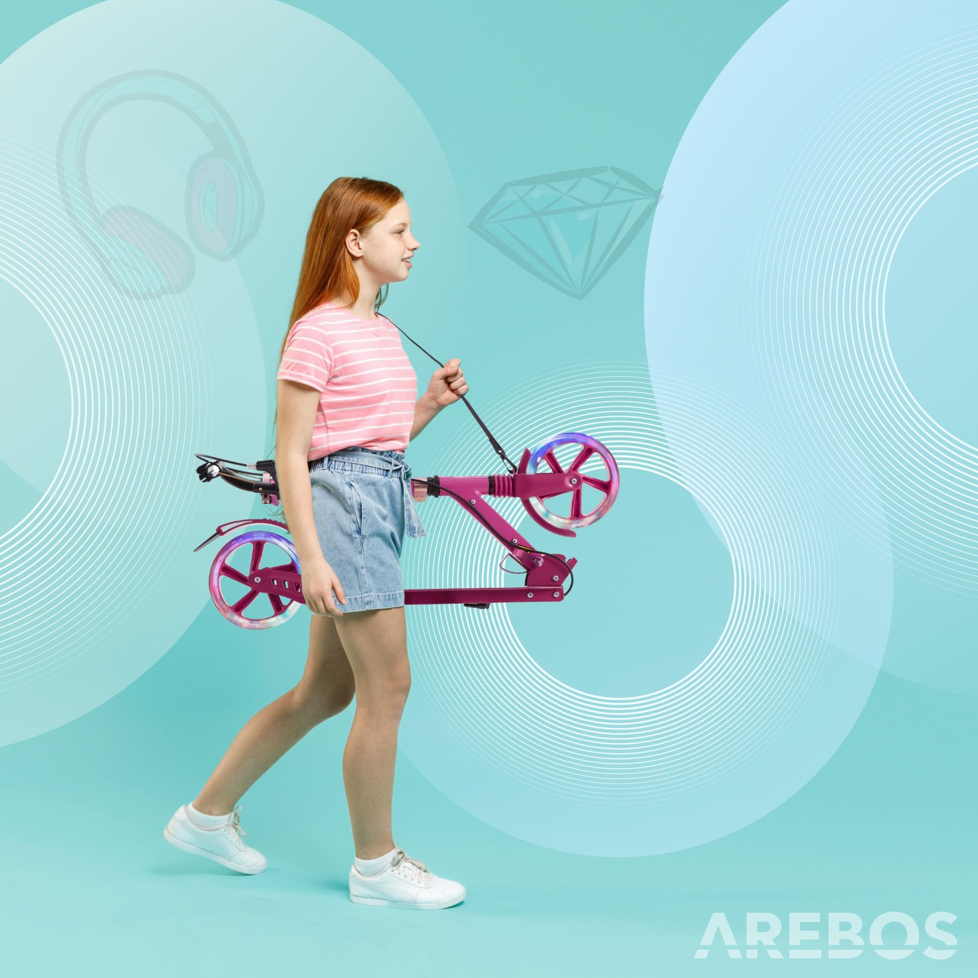 Arebos City Scooter Plegable Regulable en Altura con Ruedas LED y Freno de Mano
