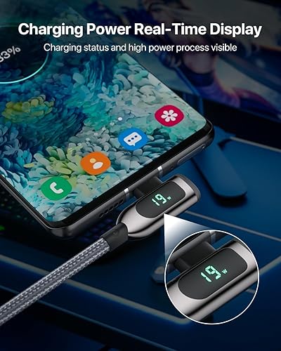Miniatura 3 de SOOPII Cable USB C a USB C en ángulo recto de 100 W, paquete de 2 cables trenzados tipo C de aleación de zinc de 4 pies con pantalla LED para