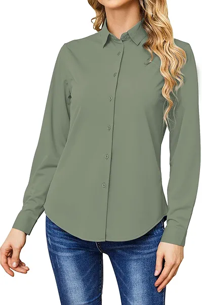 Wrinkle Free Button Down Shirts for Women Charm Slim-Fit Short/Long Sleeve Formal Solid Dress Shirt Blouses Tops