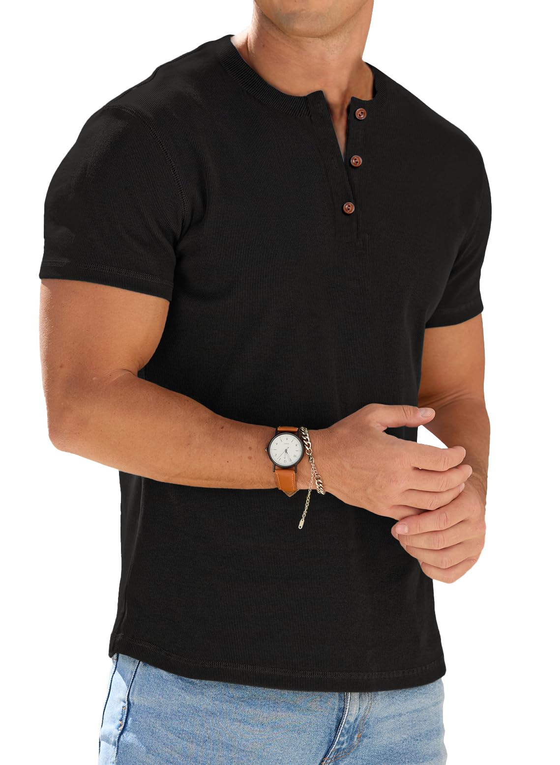 Mens Muscle Henley Shirts Lightweight Workout T-Shirt Gym Tee Athletic Short Sleeve with Button