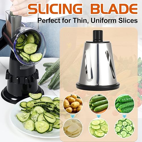 Miniatura 3 de Rallador giratorio de queso, manivela de mano, rebanadora de verduras con 3 cuchillas intercambiables, succión estable, mango que ahorra trabajo,