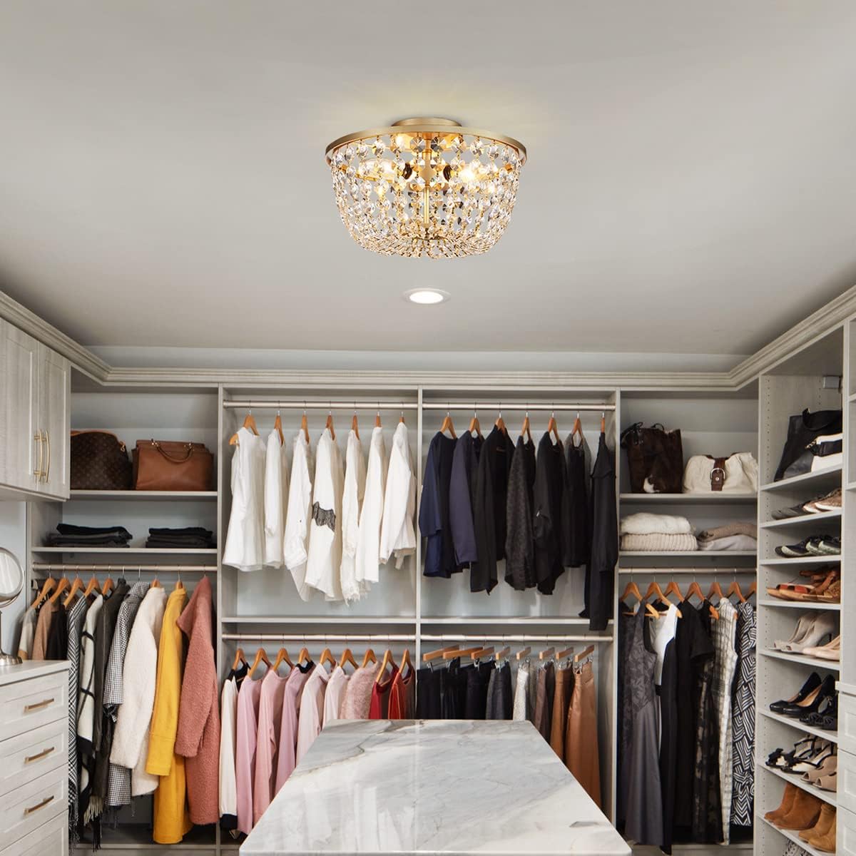 WUZUPS Crystal Chandelier Semi-Flushmount Ceiling Light Modern Lighting Fixture for Bedroom Hallway Bar Kitchen Bathroom, H 8.4" x W 13", Gold, E12 Base