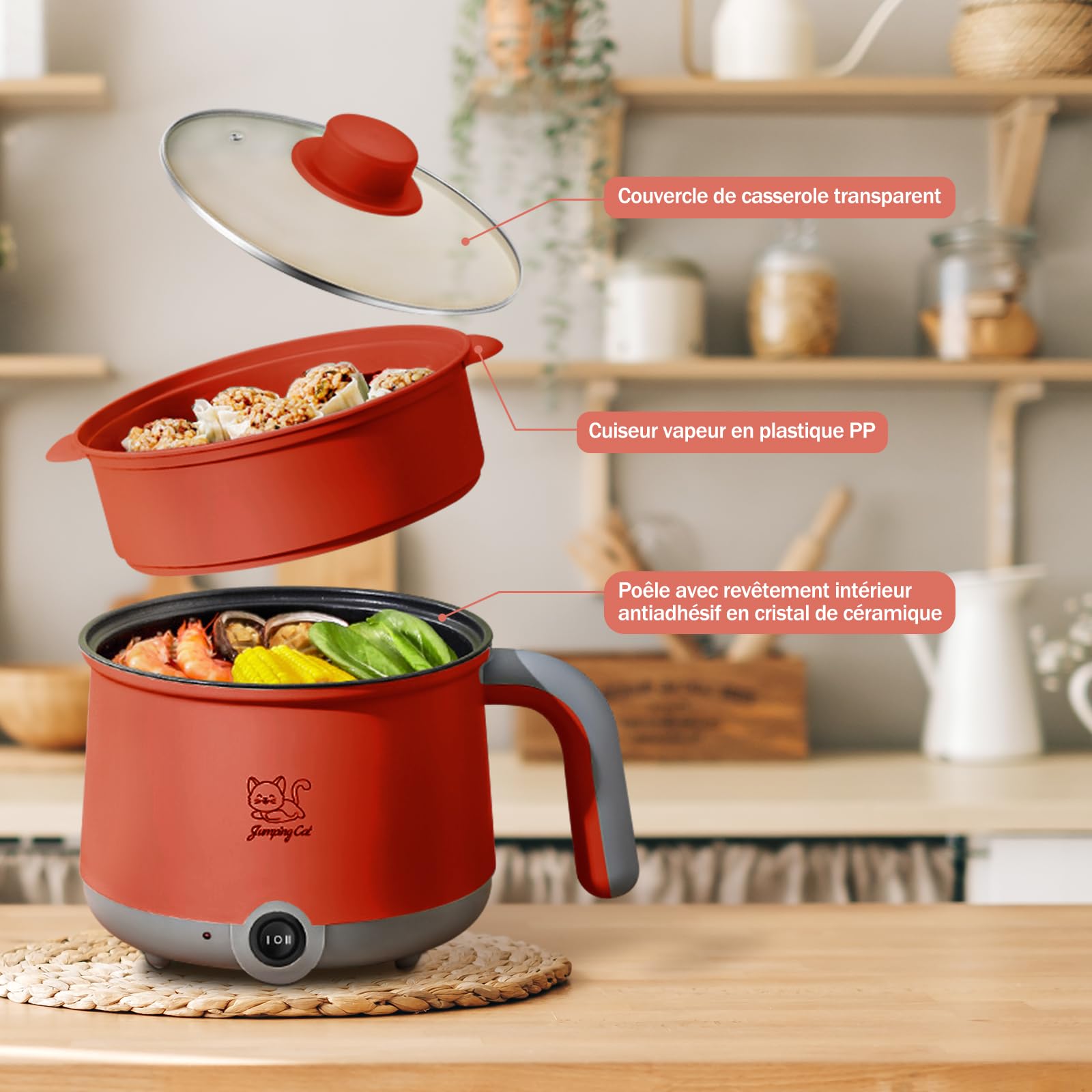 LOVIVER 1,8 L Mini Cuiseur à Riz Électrique Cuiseur Vapeur Electrique Cuiseur de Riz Multifonctionnel Mini-Cuiseur Simple pour Cuisine,Dortoir, Gris Rouge