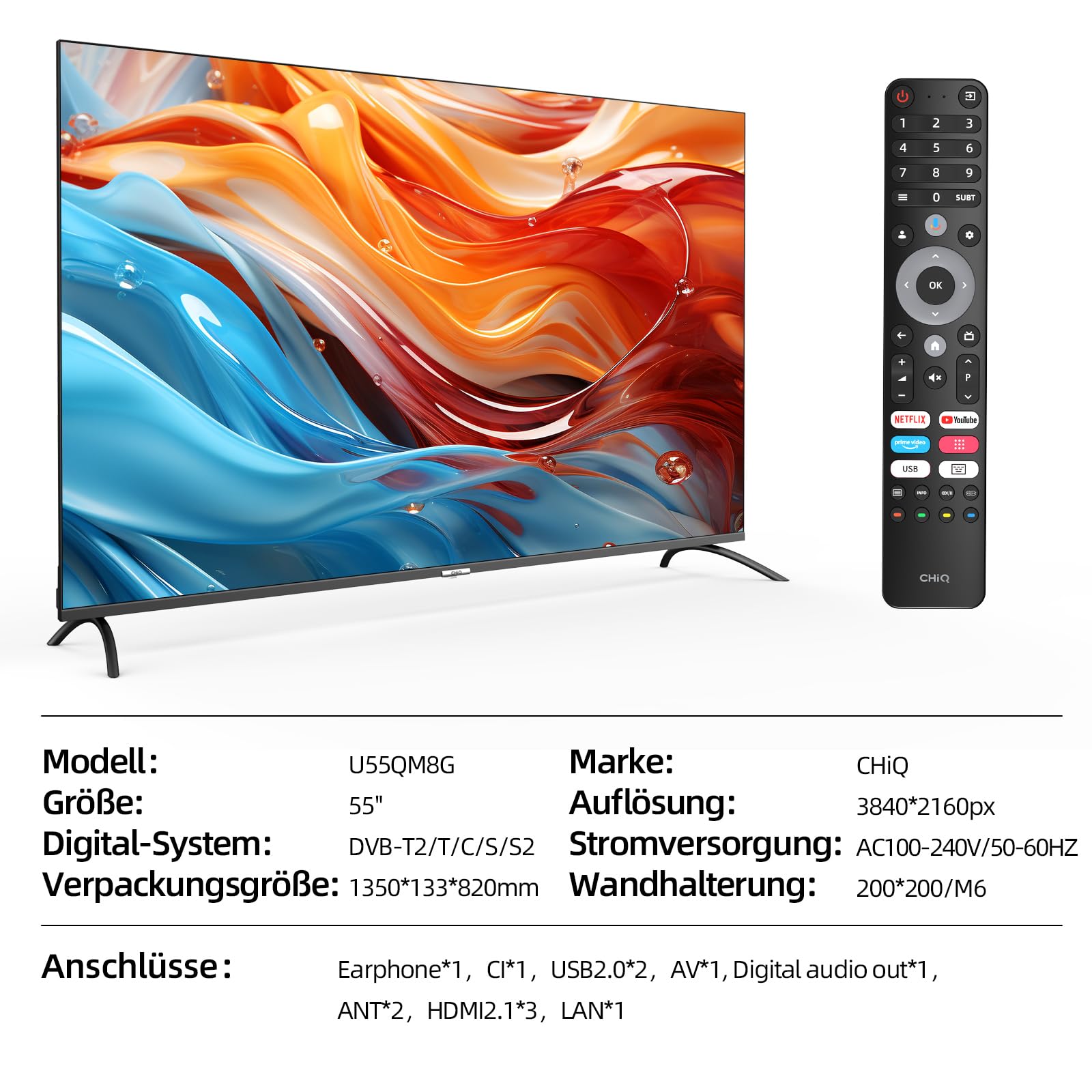 CHIQ U55QM8G 55 Zoll Smart TV, QLED UHD mit HDR, rahmenloses Metall-Design, Google TV, Dolby Audio, Triple-Tuner, 2,4G/5G WLAN, Google Assistant, HDMI 2.1, USB2.0, Modell 2023 Schwarz