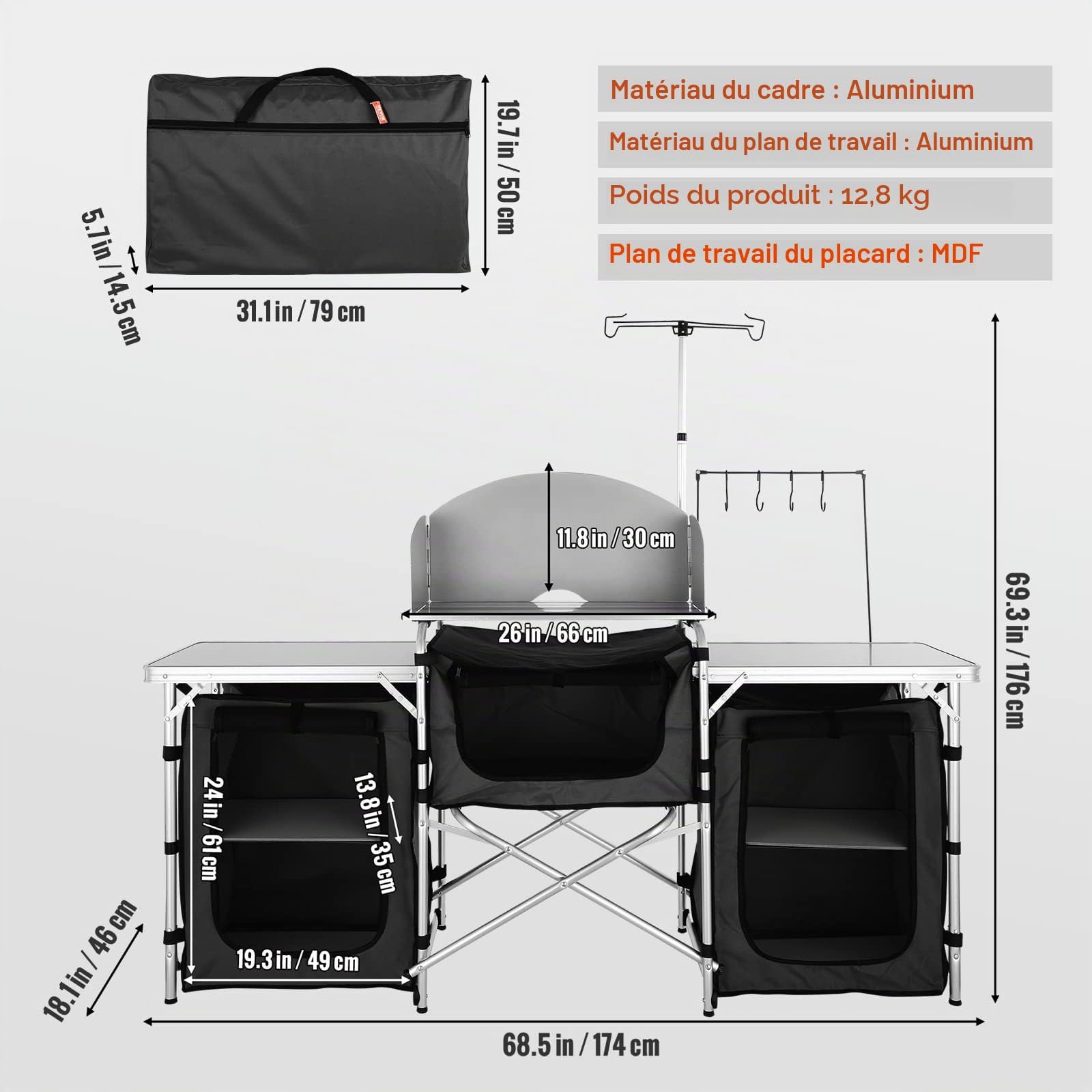 VEVOR Cuisine de Camping 174 x 176 x 46 cm Armoire de Camping Pliable Structure en Alu Grand Comptoir Meuble de Cuisine avec Pare-Brise 5 Compartiments avec Sac de Transport Noir pour BBQ Pique-Nique