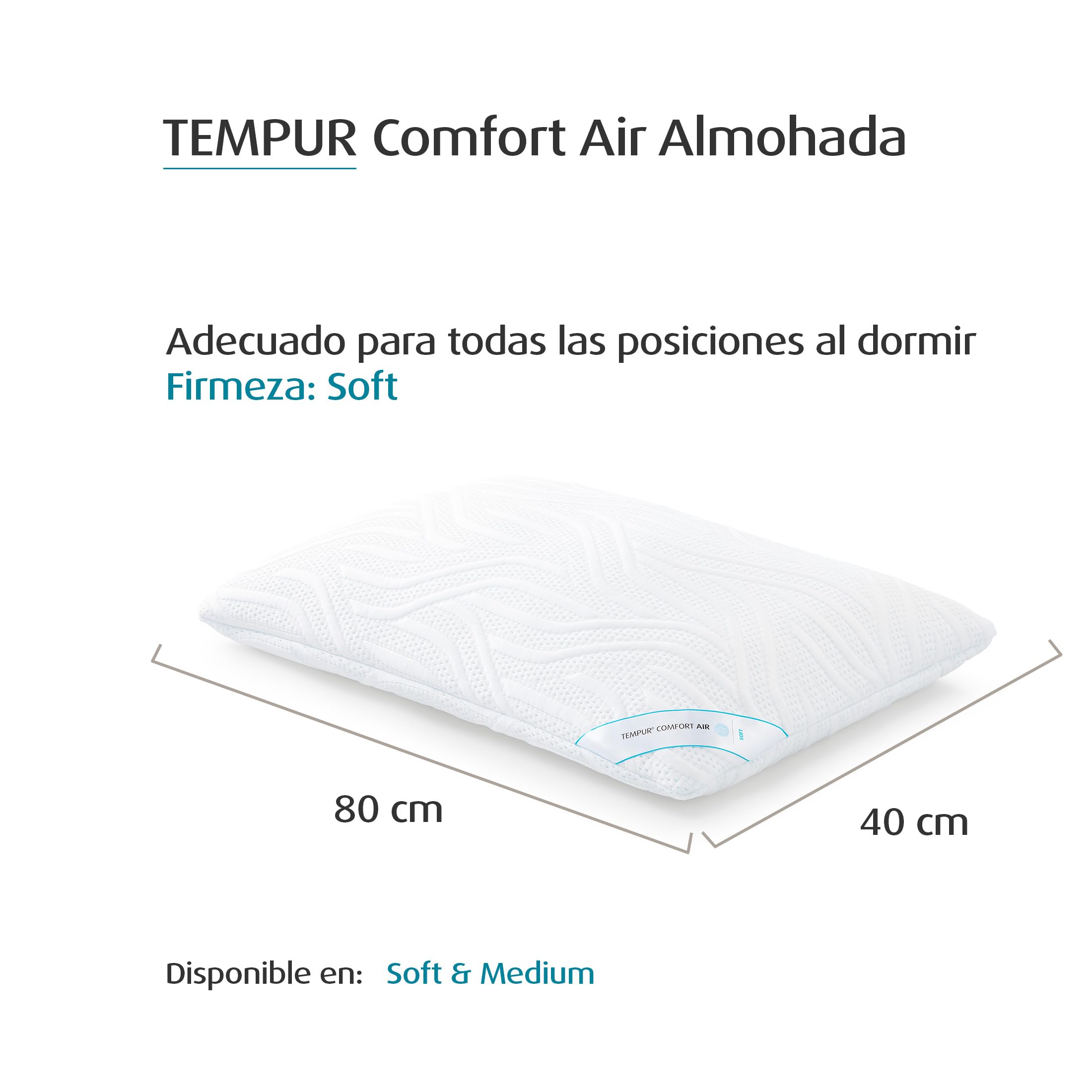 TEMPUR Almohada Comfort Air Soft, sensación Suave, 40 x 80 cm, Blanca | Almohada transpirable para cualquier posición de descanso, con certificación OEKO-TEX® MADE IN GREEN.
