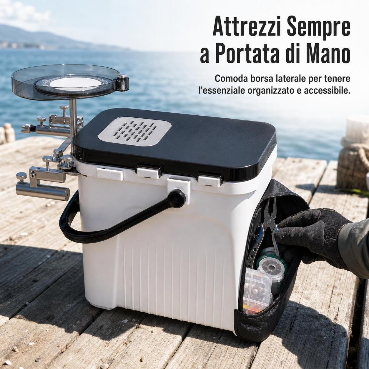 Secchio da Pesca con Seduta, Cassetta Pesca in Plastica, Contenitore per Attrezzatura da Pesca, per Esche da Pesca