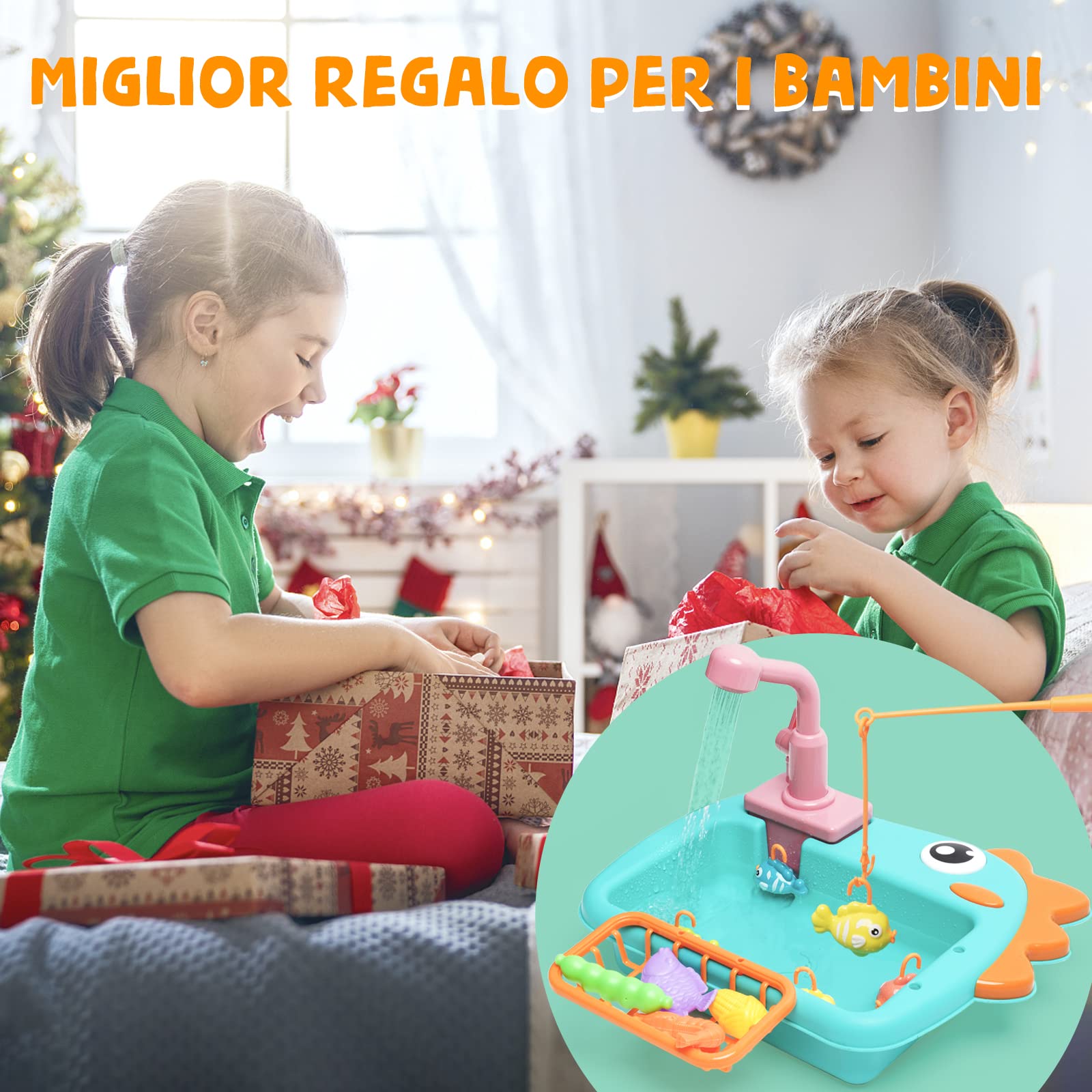 Giocattolo del Lavandino della Cucina Giocattoli da pesca,Giocattolo da Cucina Multifunzionale con Rubinetto Elettrico Aggiornato,Giocattoli educativi intelligenti per bambini 3 ai 6 Anni