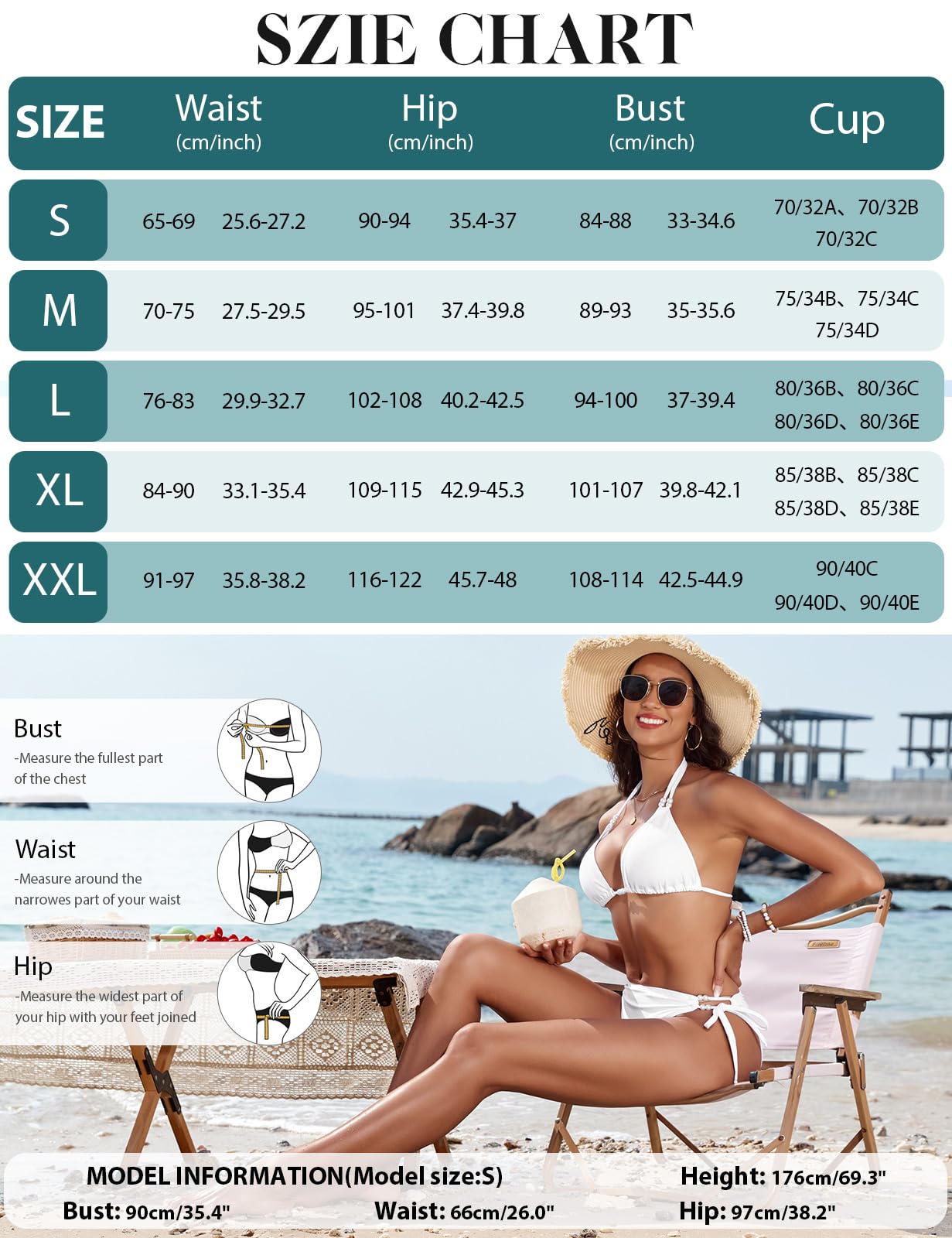 CMTOP Bikini Damen Set Neckholder Triangel Bikini Badeanzüge String Bikini Verstellbare Schnürung Hohe Taille Kordelzug Bikinihose Sexy Swimsuit Zweiteiliger Badeanzug mit Perlen