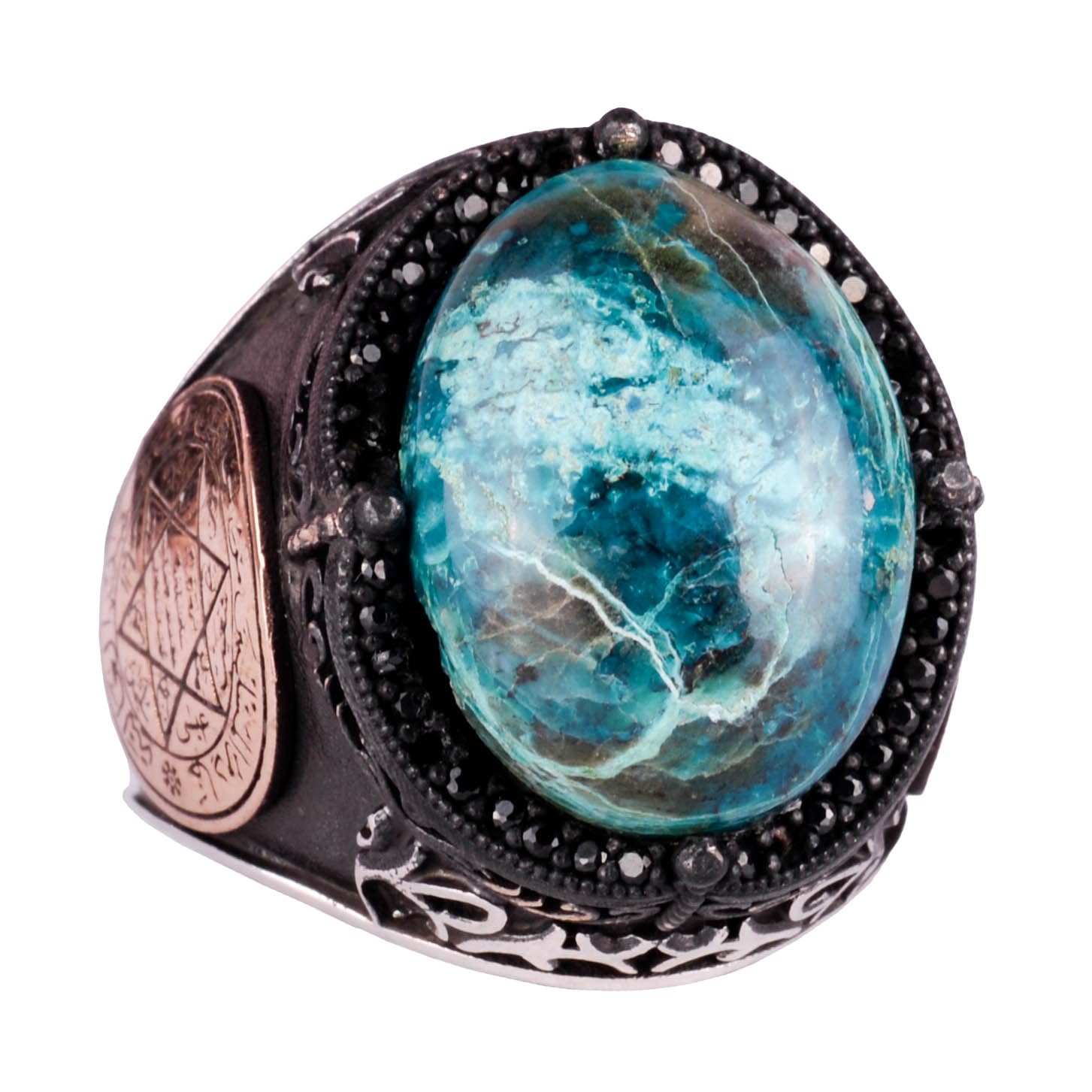 KAMBO Anillo de plata con sello de Salomón, anillo de piedra preciosa de crisocola natural real, de plata de ley maciza de 925 quilates, para hombre, piedra preciosa de, crisocolla