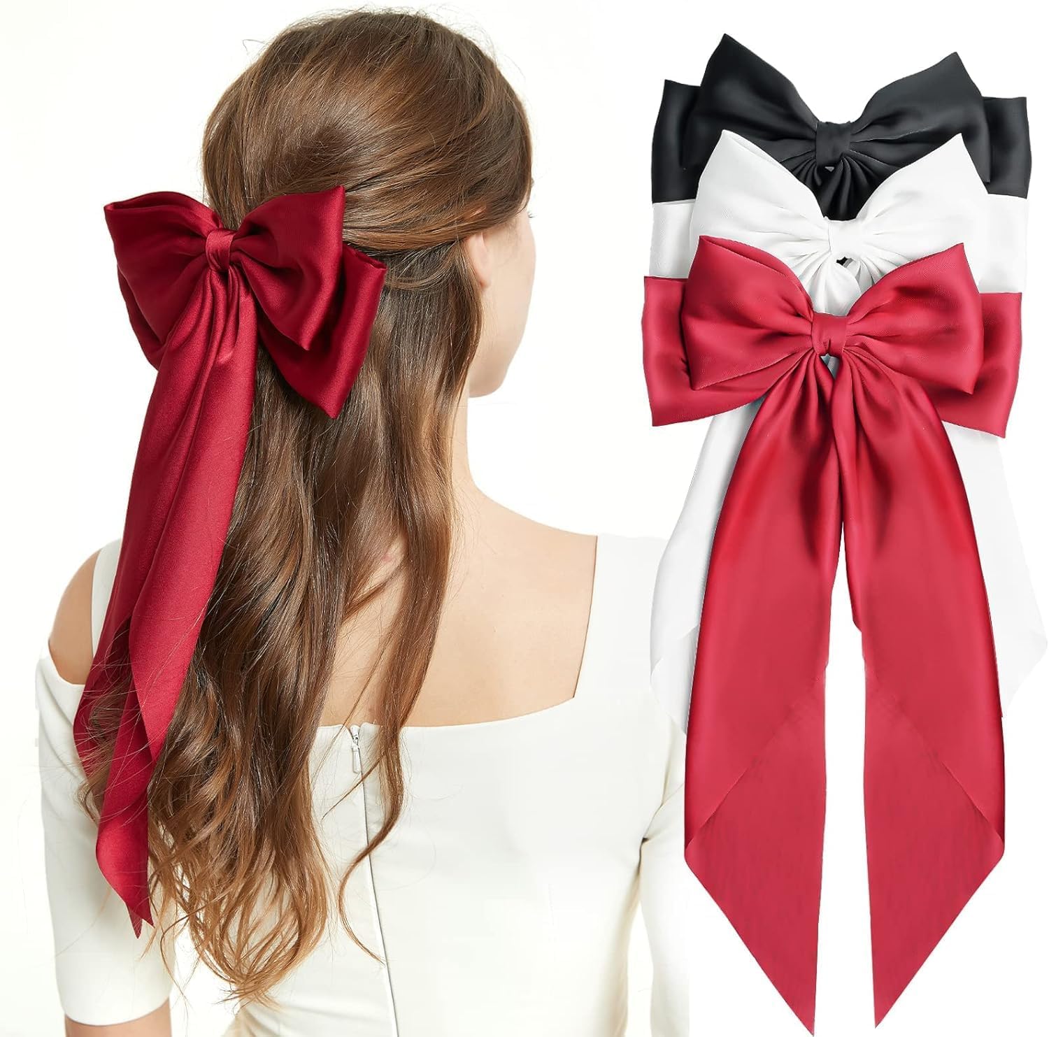 Pack of 3 - Hair Bows for Ladies, Silky Satin Ribbon Barrettes Large Hair Bow Clips Scarf French Bowknot Soft Long Tails with durable Metal Clips Hair Pins for Ponytail Bun Hair -Black, White and Red