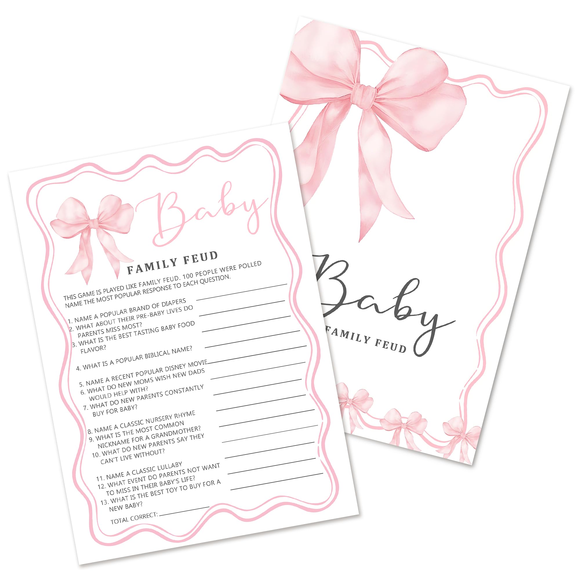 Baby Shower Games Family Feud Cards for 25 Guests, Baby Party Favours Pink Bow Design