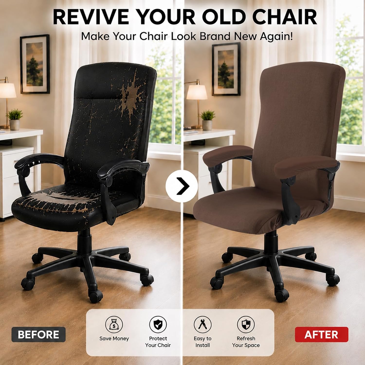 Stretch Computer Office Chair Cover with Armrest Covers Durable Zipper Universal Washable Removable Spandex Rotating Boss Chair Slipcovers Anti-dust Soft Desk Chair Seat Protector, Mocha image 2