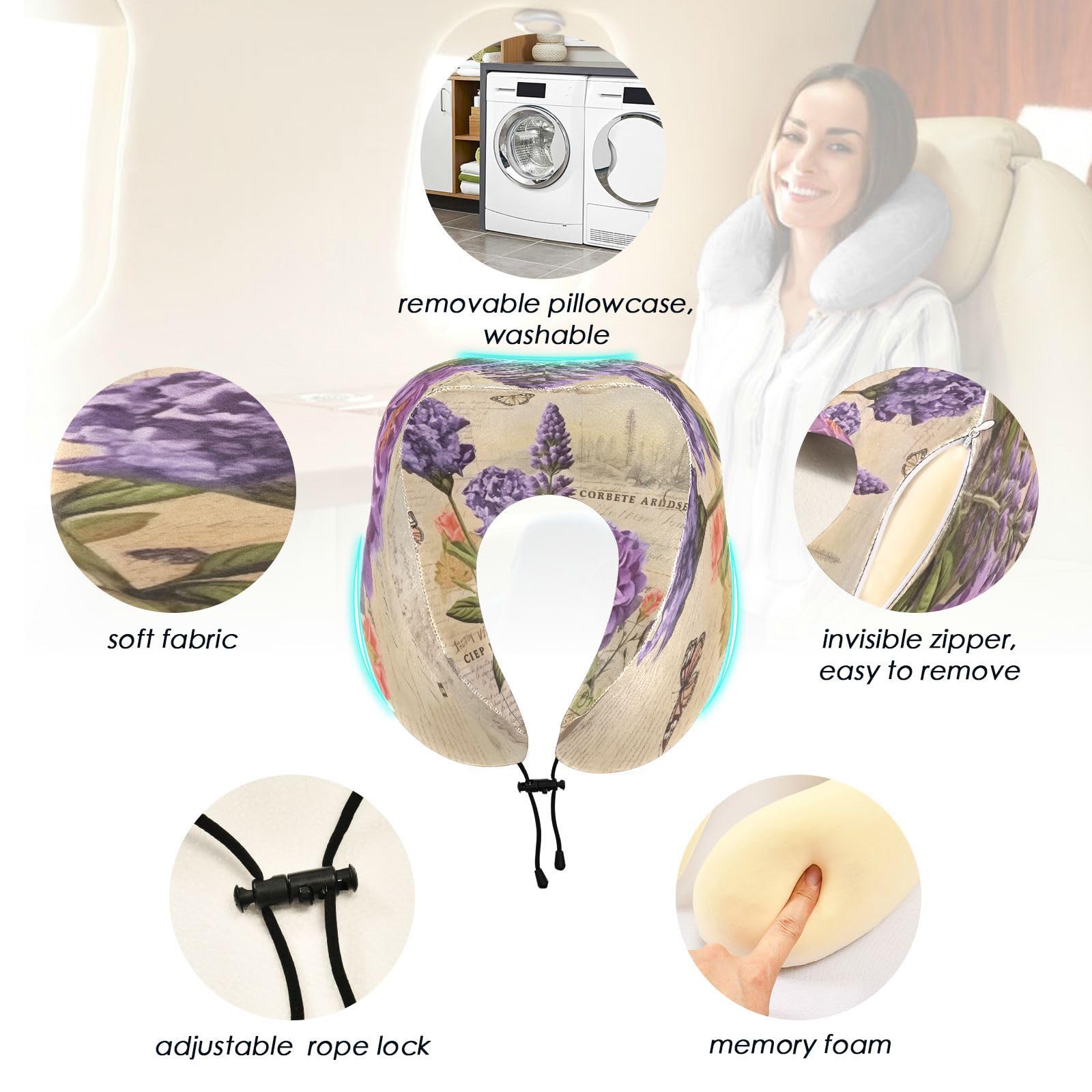 Nesatuwa Lavender Travel Pillow Soft Memory Foam Neck Support Airplane Pillow with Adjustable Clasp Portable Travel Pillow