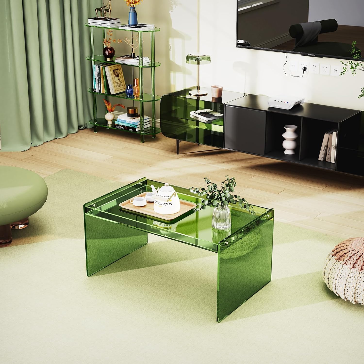 Acrylic Coffee Table, Modern Clear Rectangle Lucite Table for Living Room, Bedroom, Office (Green, 31.5" L*19.7" W *15.7" H)