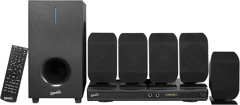 SC-38HT Sistema de cine en casa con DVD con canal envolvente 5.1 con soporte para DVD/CD, conectores para micrófono de karaoke, entrada USB, radio FM, salida de parlante de 75 W, soporte para varios idiomas y control remoto.