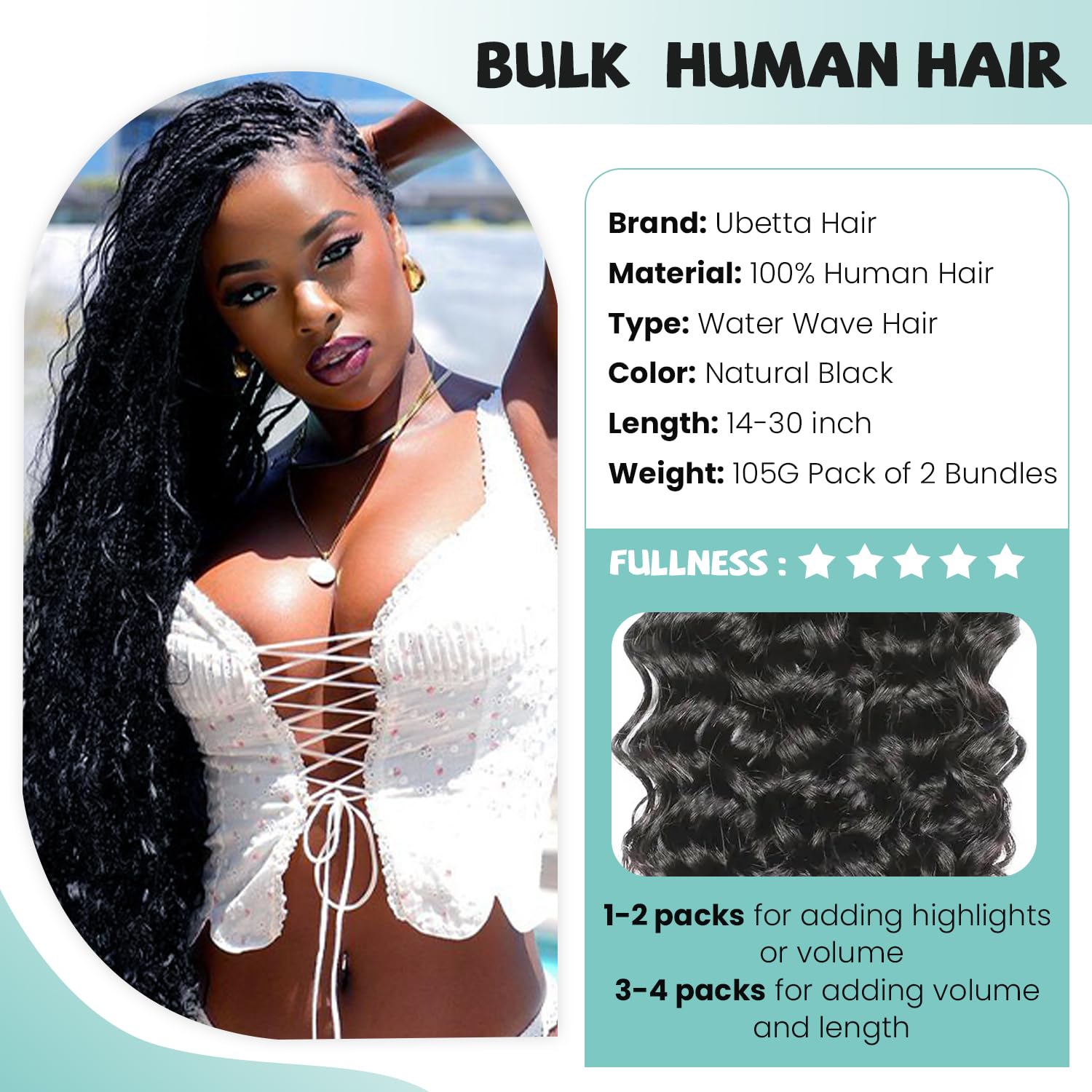 16 Inch Deep Wave Human Hair Extensions 2 Bundles 100g Brazilian Virgin Human Braiding Hair 100g Water Wave Bulk Human Hair for  main image 3