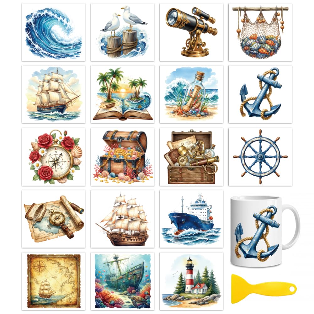 Peacoblue 18 Sheets Rub on Transfers for Crafts, Nautical and Ocean 3.6"x3.9" UV DTF Cup Wraps Waterproof Cold Transfers Stickers for Wood Glass Metal Cup Tumblers Mirrors Mugs Home Decor