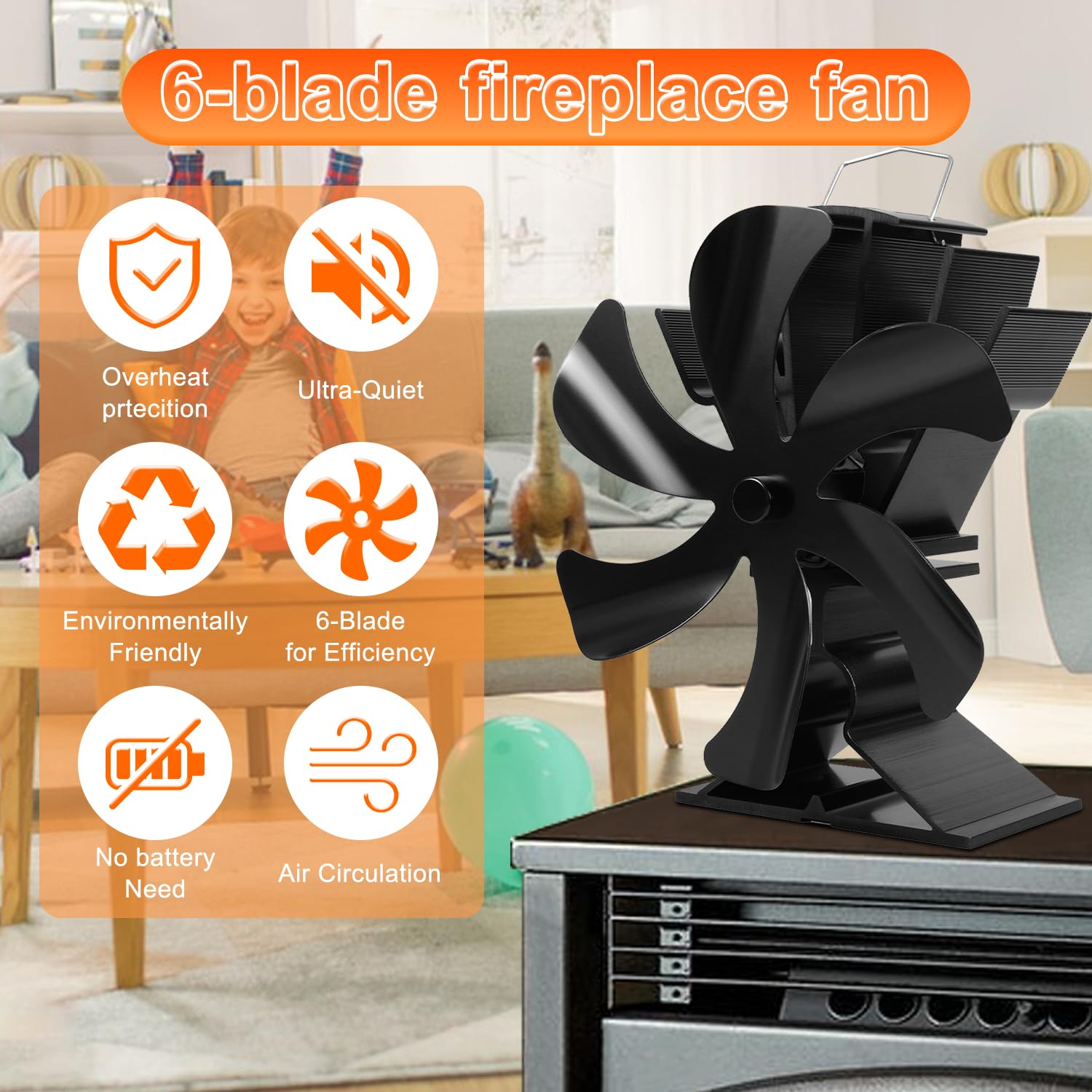 Ventilateur de poêle Tomersun 6 Lames Ventilateur de poêle à bois silencieux à chaleur pour poêle à bois/cheminée/poêle à bois