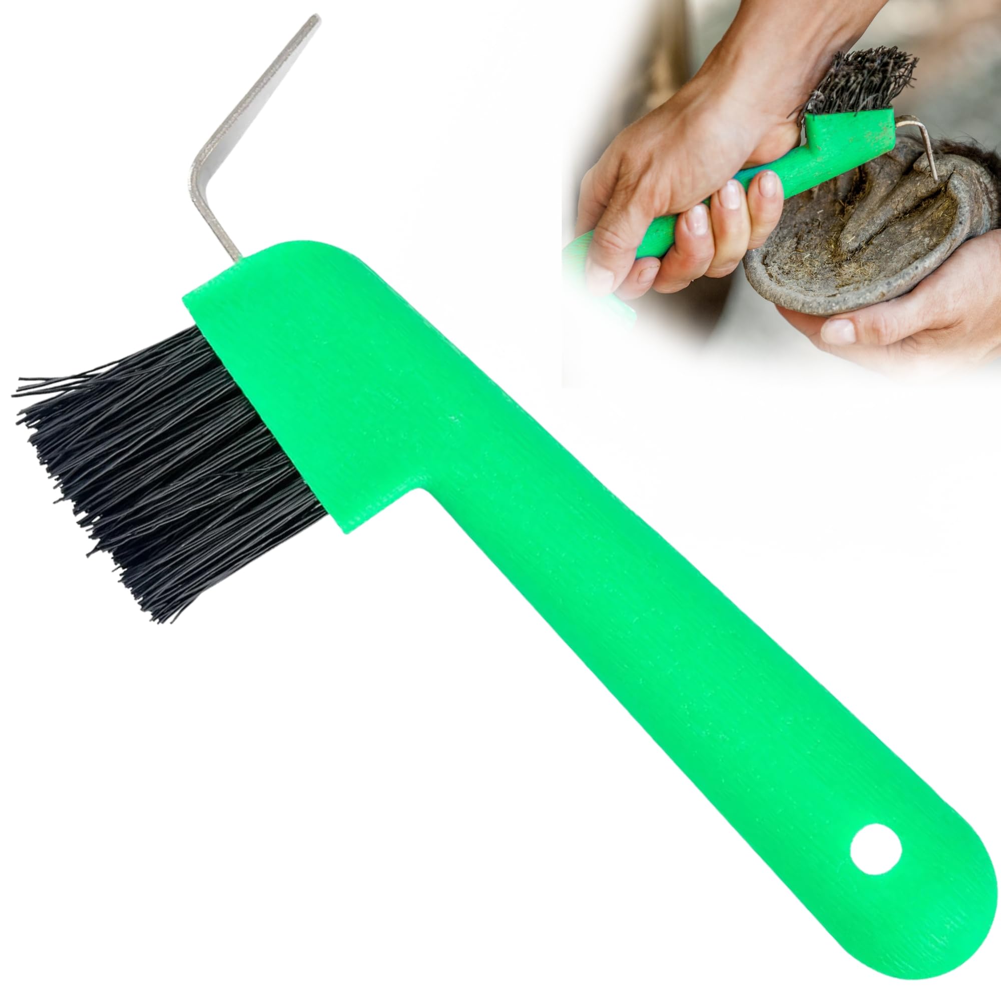 Jeffers Equine Hoof Pick & Brush, Green – Horse Hoof Cleaning Tool for Grooming, Farrier, Equestrian Care – Durable Hoof Pick with Stiff Bristles – 4 inch Easy Grip Handle