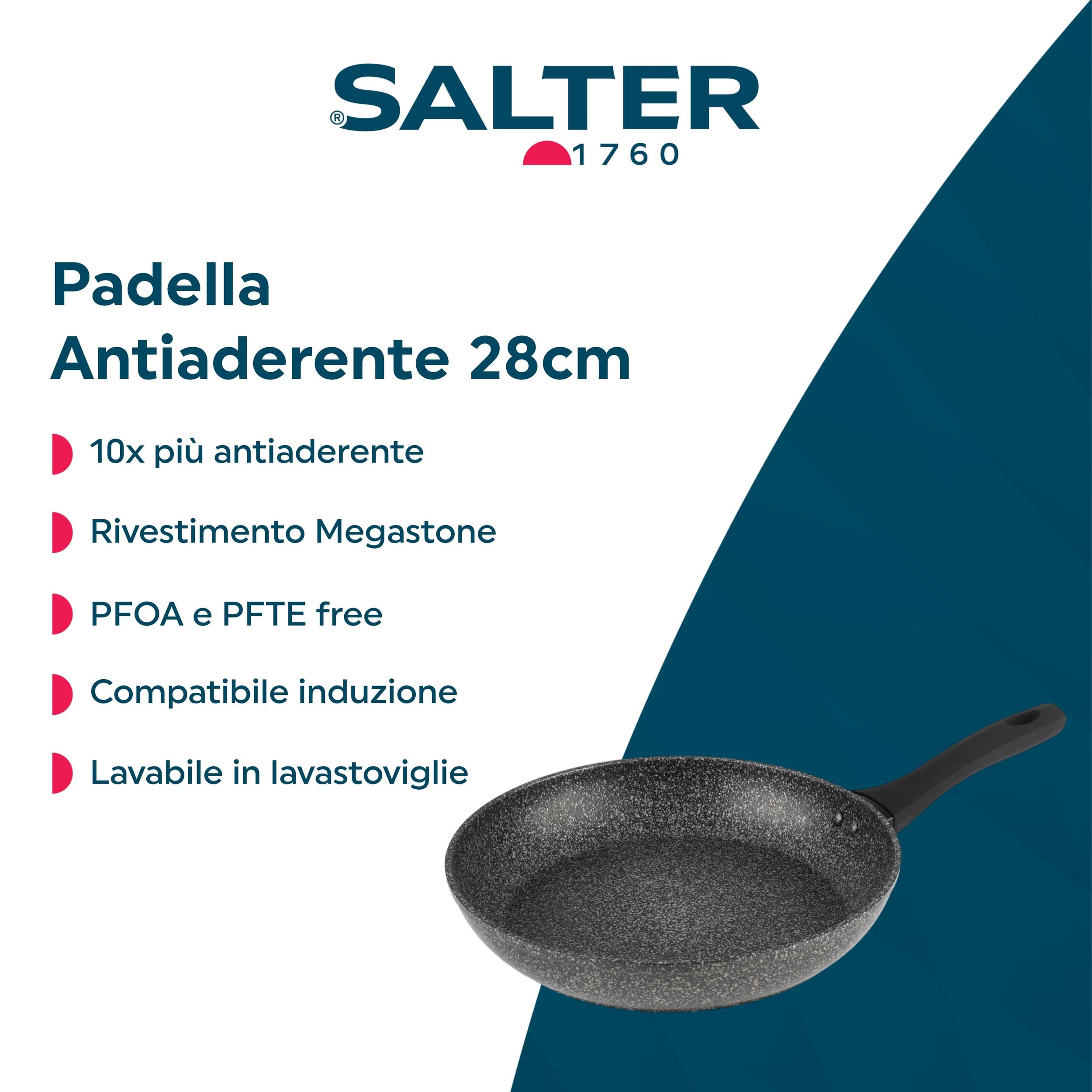 Salter BW05747 Megastone Padella da 28 cm – 10 volte piu' resistente, Antiaderente, Padella piccola, in alluminio forgiato senza PFOA, adatta a tutti i piani cottura, lavabile in lavastoviglie