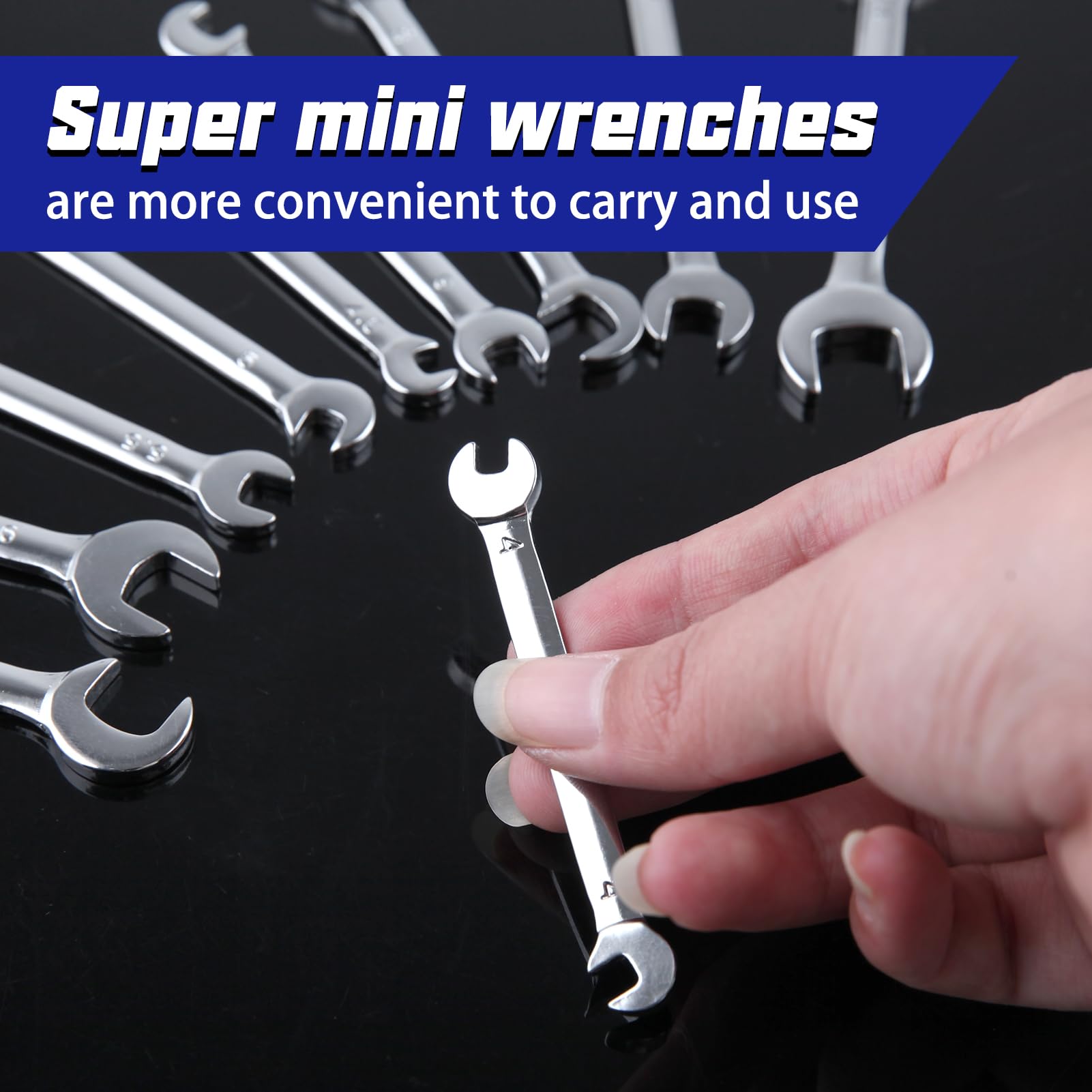 LEONTOOL Mini-Doppel-Schraubenschlüssel-Set, metrisch, 4 mm bis 11 mm, mit tragbaren Aufbewahrungstaschen, verspiegeltes Chrom-Finish, superdünn, offenes Ende