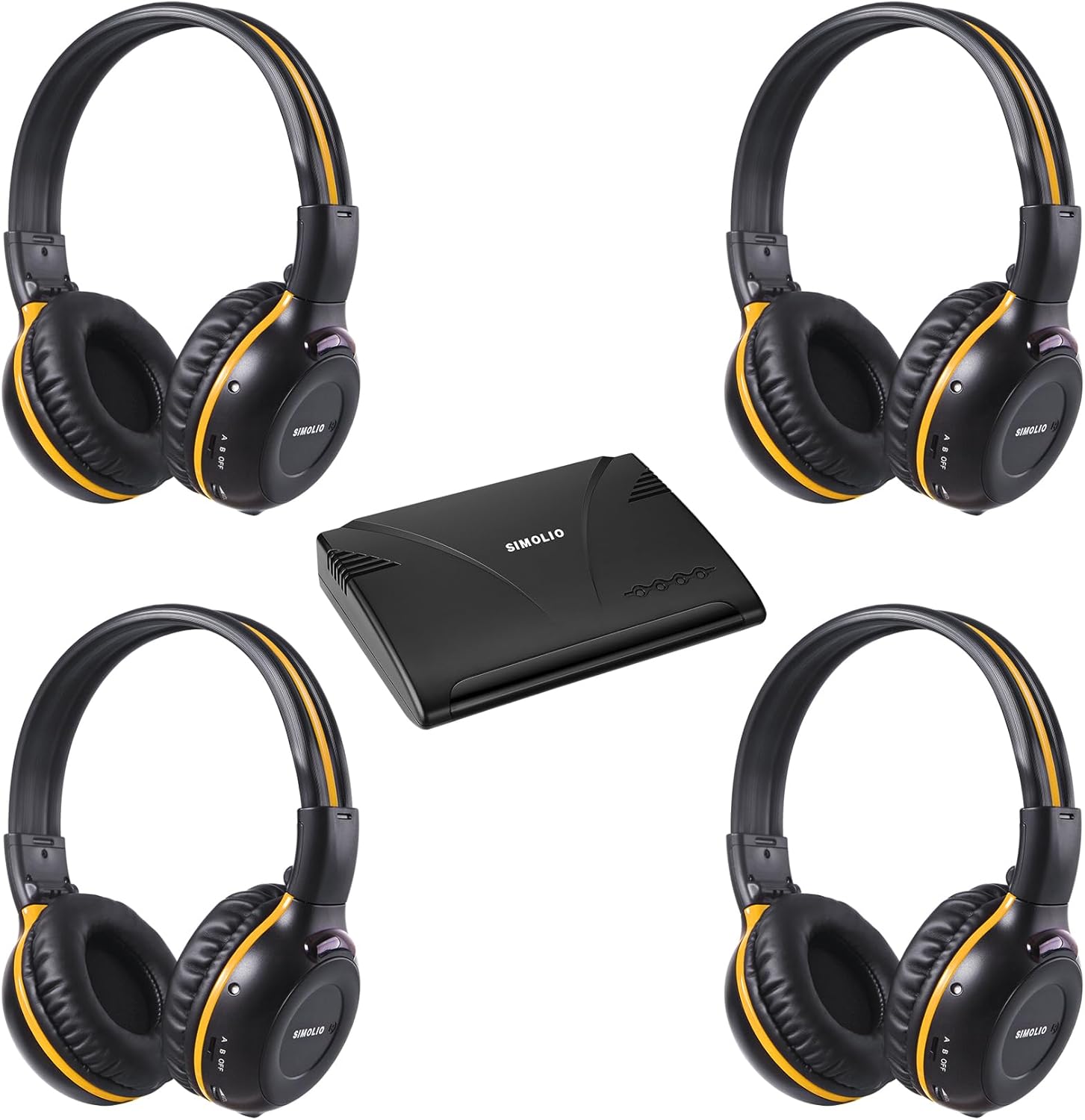 SIMOLIO Dual Channels IR Transmitter with Optical in & 4 Pack of Universal Wireless IR Car Headphones for Kids w/Hard EVA Cases, Infrared Wireless Headphones for PC/TV, On-Ear Car Headsets for Travel