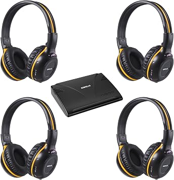 SIMOLIO Dual Channels IR Transmitter with Optical in & 4 Pack of Universal Wireless IR Car Headphones for Kids w/Hard EVA Cases, Infrared Wireless Headphones for PC/TV, On-Ear Car Headsets for Travel