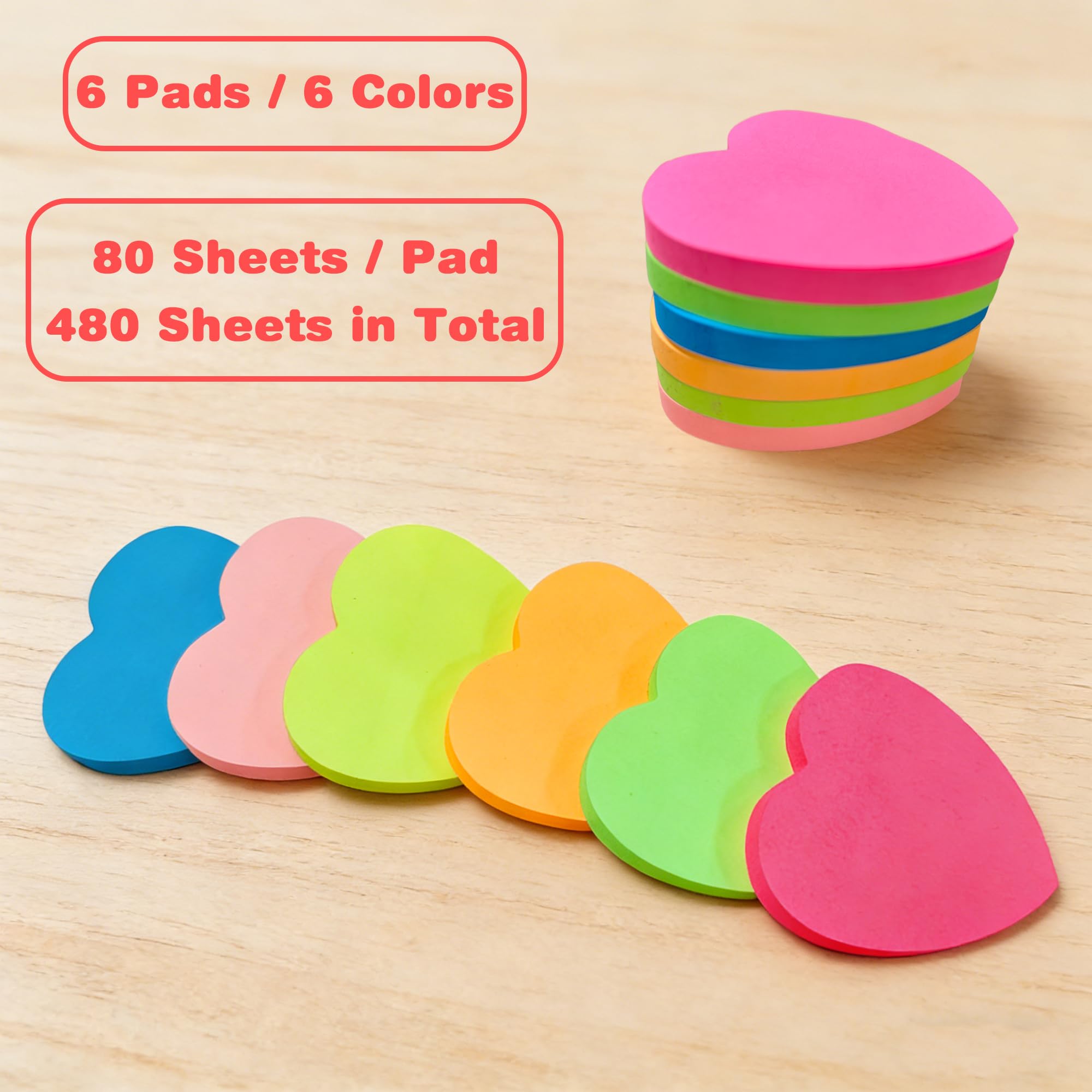 Heart Sticky Notes - 6 Pads Valentines Gifts | Valentines Party Favors Supplies for Women - Post Notes Stickers for Galentines - Teacher Must Have Desk Accessories for Classroom Office,80 Sheets/Pad