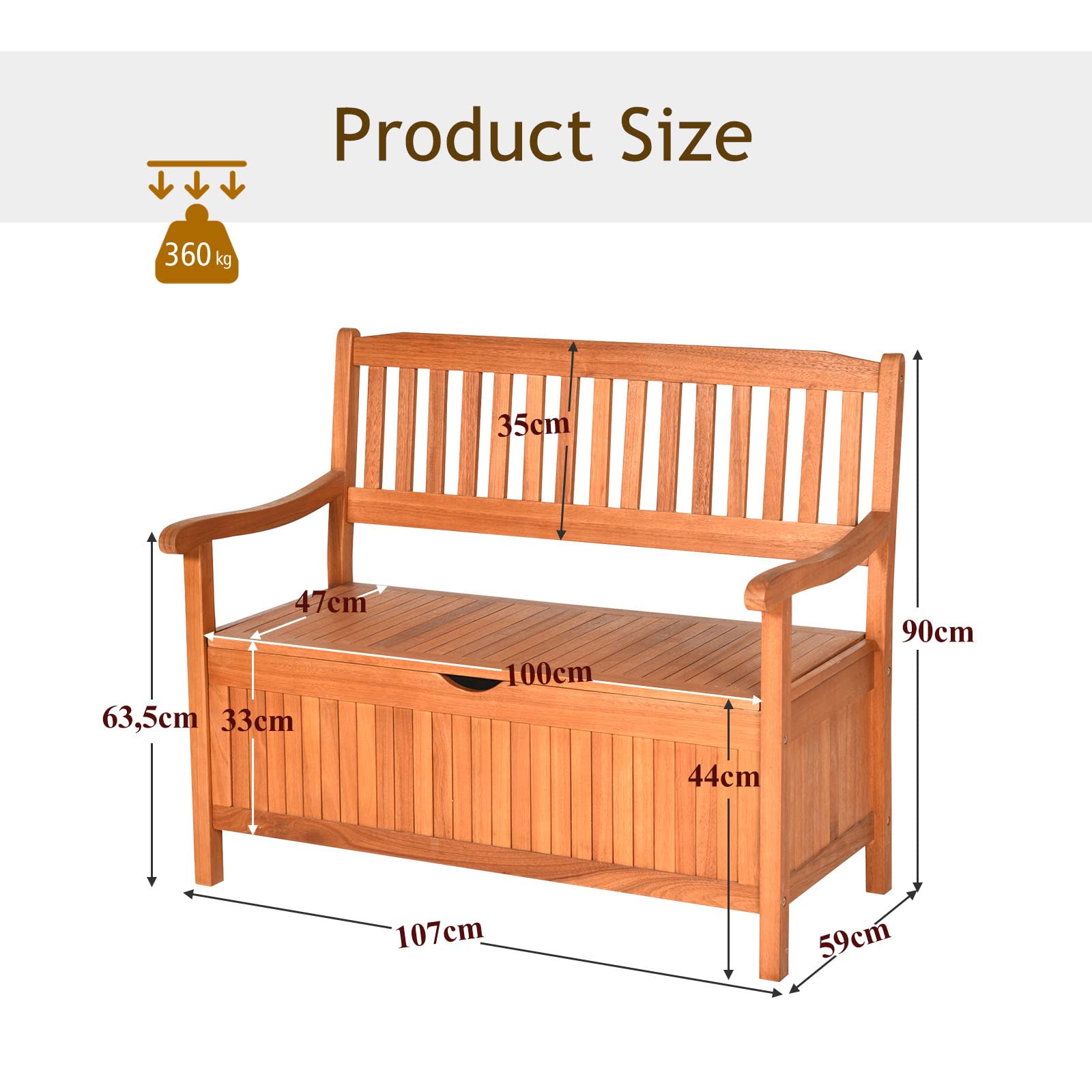 KOMFOTTEU Arcón de Jardín de Madera de Acacia, Banco Contenedor para Exterior de 2 Plazas Con Respaldo y Reposabrazos, Baúl Almacenaje Con Bolsa, 107 x 59 x 90 cm